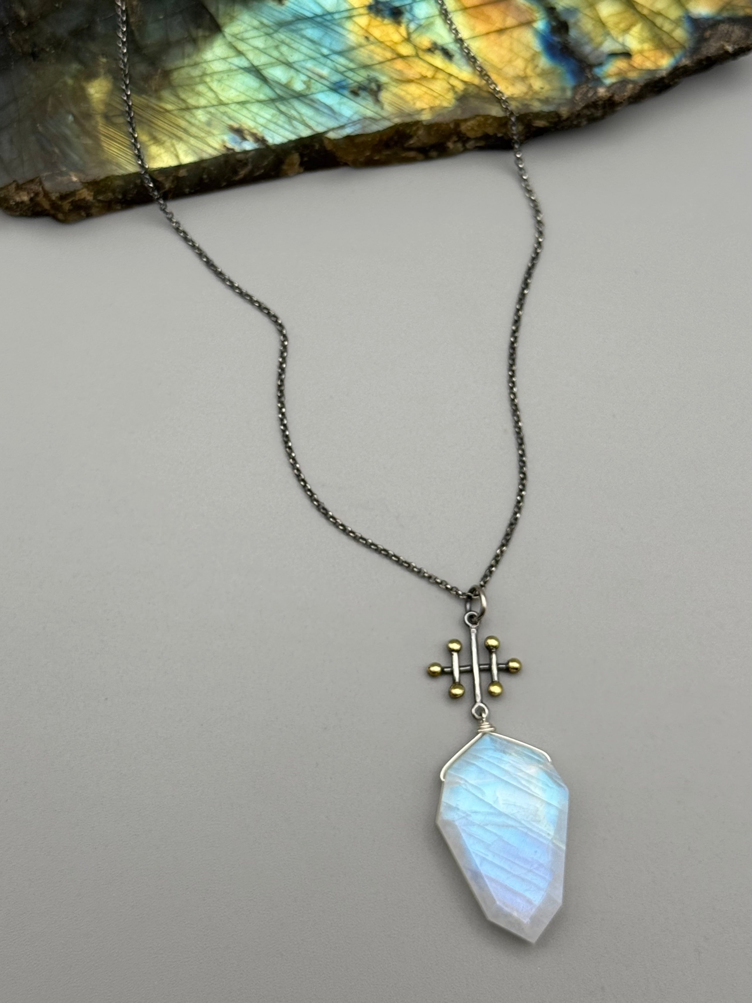 •INVOKE• rainbow moonstone + mixed metal necklace (26"-28" long)