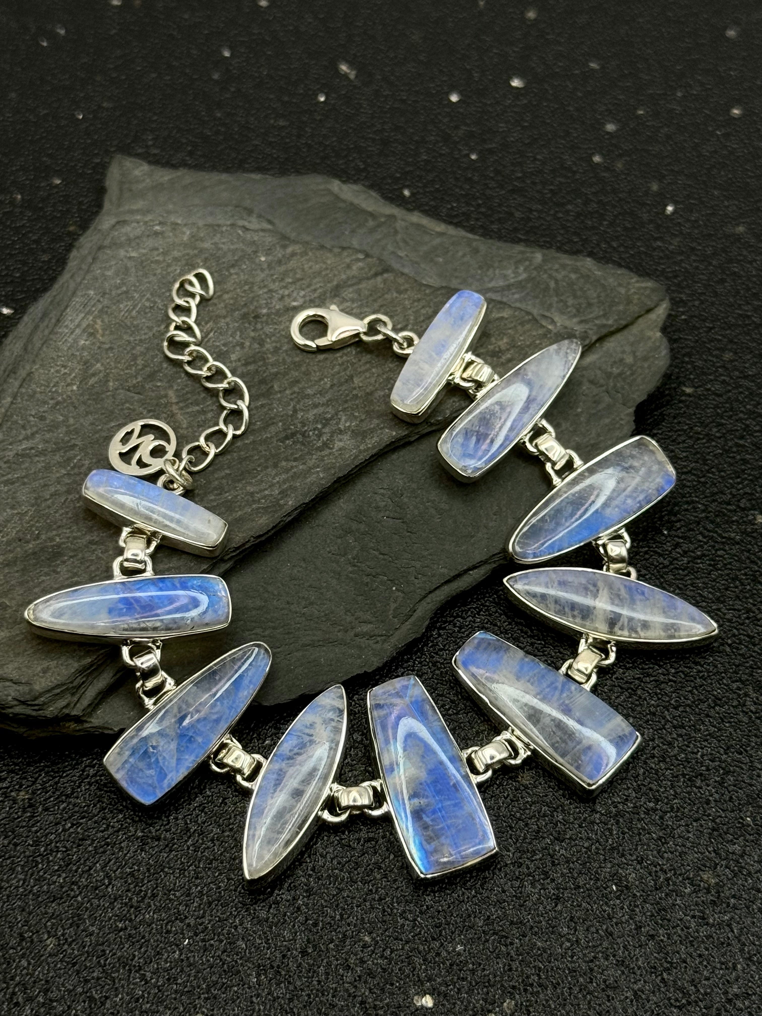 •RAINBOW MOONSTONE - 2• multi-stone + silver bracelet (6.5"-8")