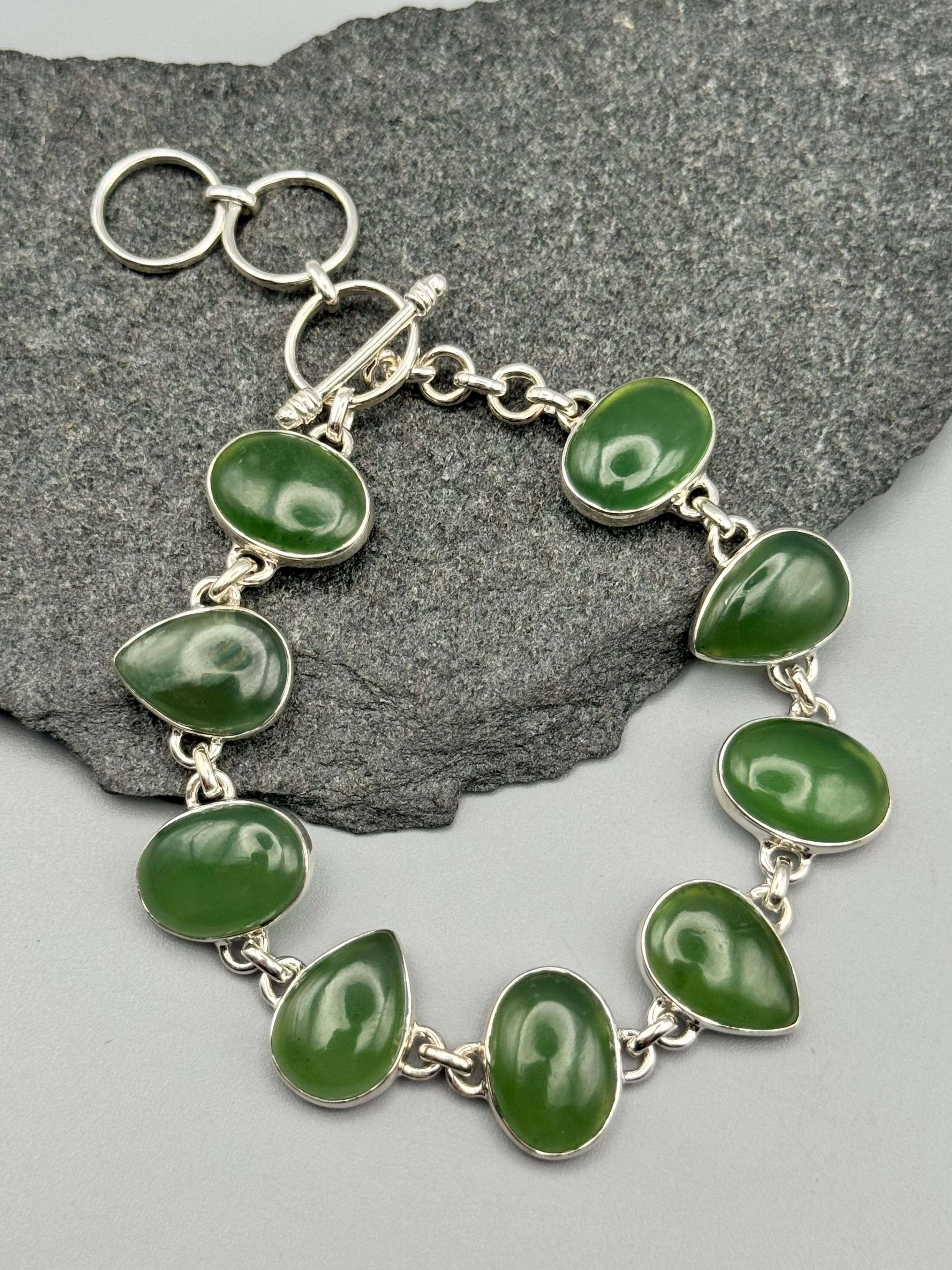 •NEPHRITE JADE - GEO MIX• linked silver bracelet (7" - 8.25")
