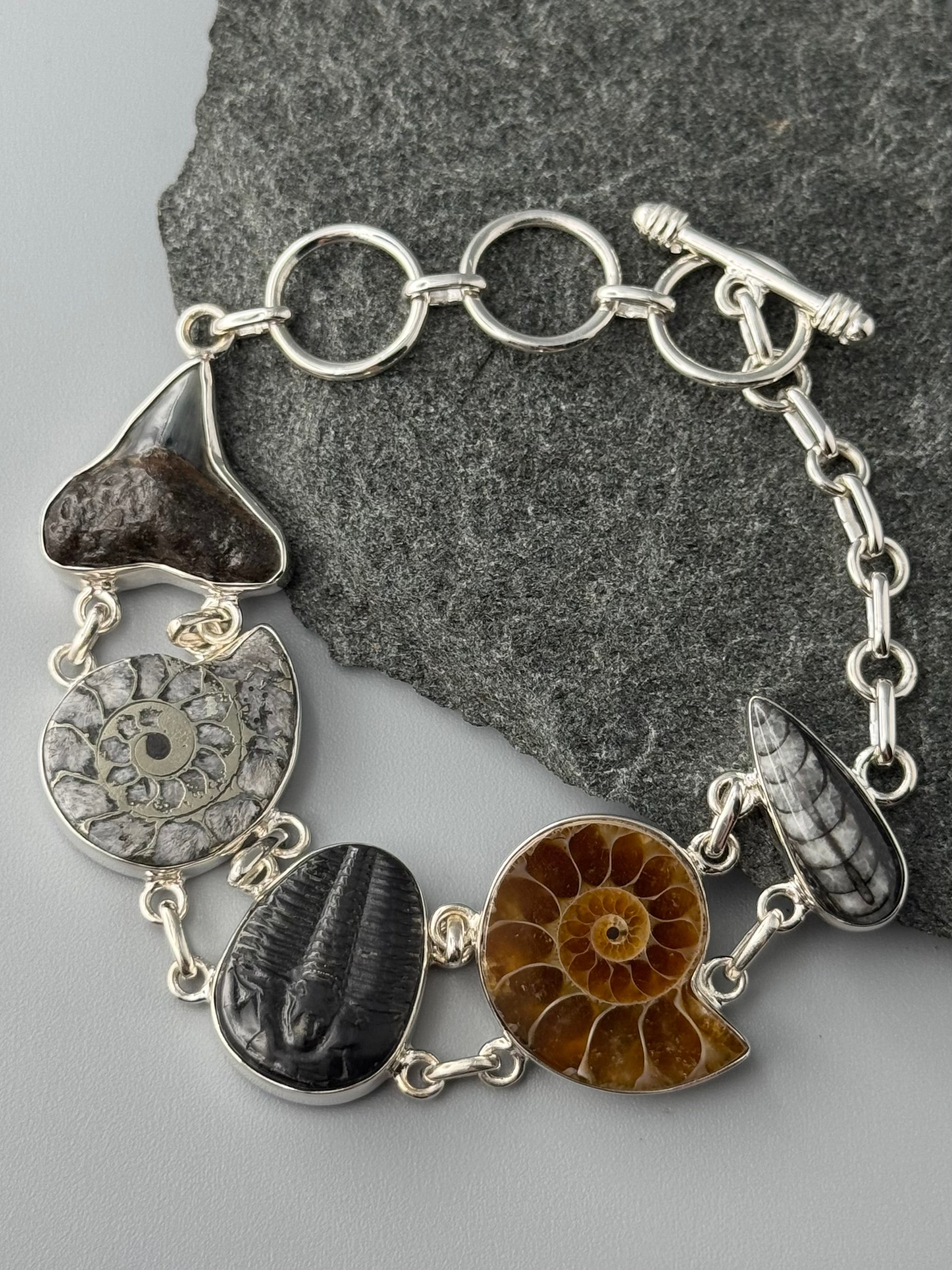 •MULTI FOSSIL• linked silver bracelet (6.75" - 8")