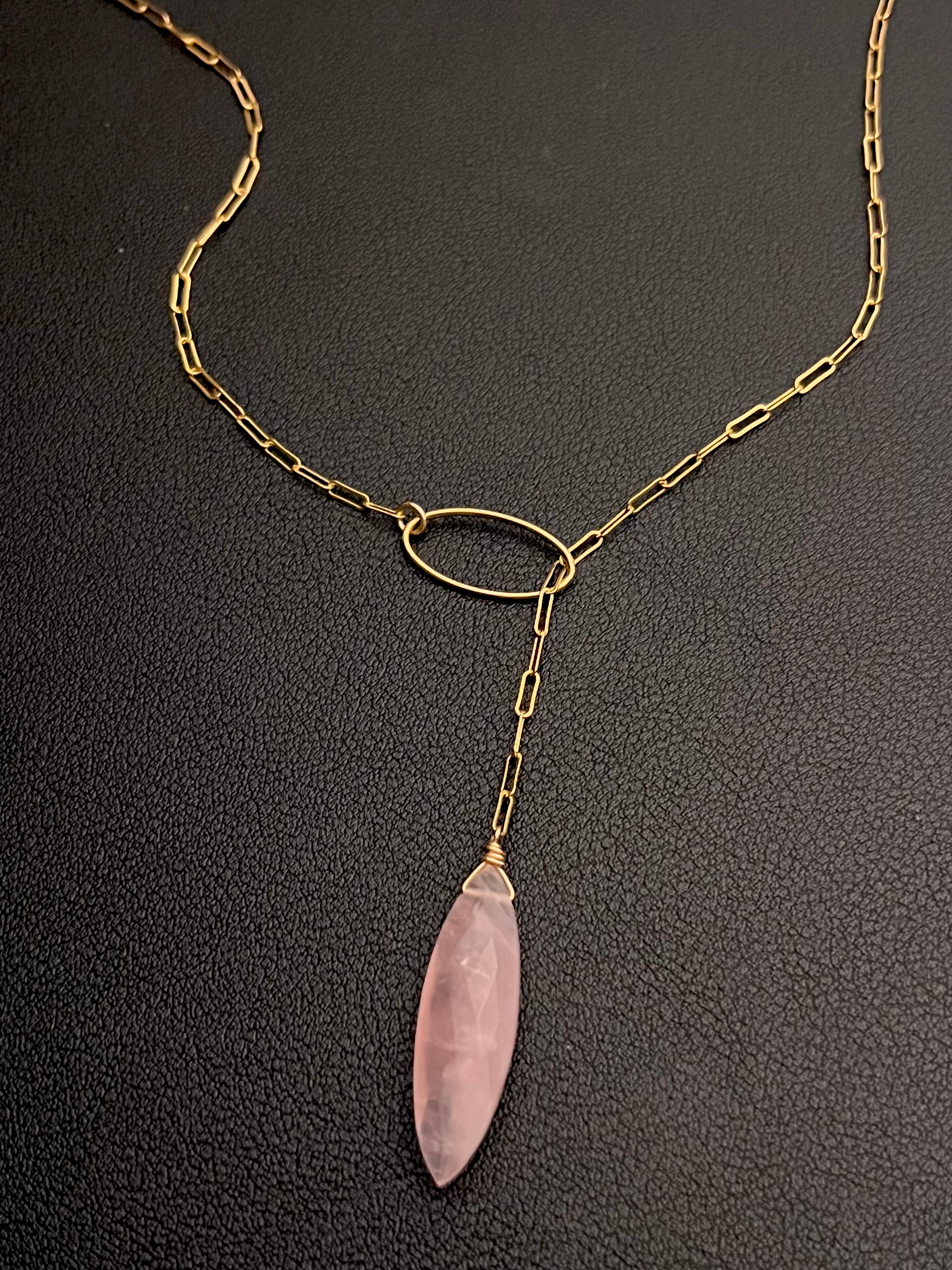 •LINKED LARIAT• rose quartz + gold necklace (20")