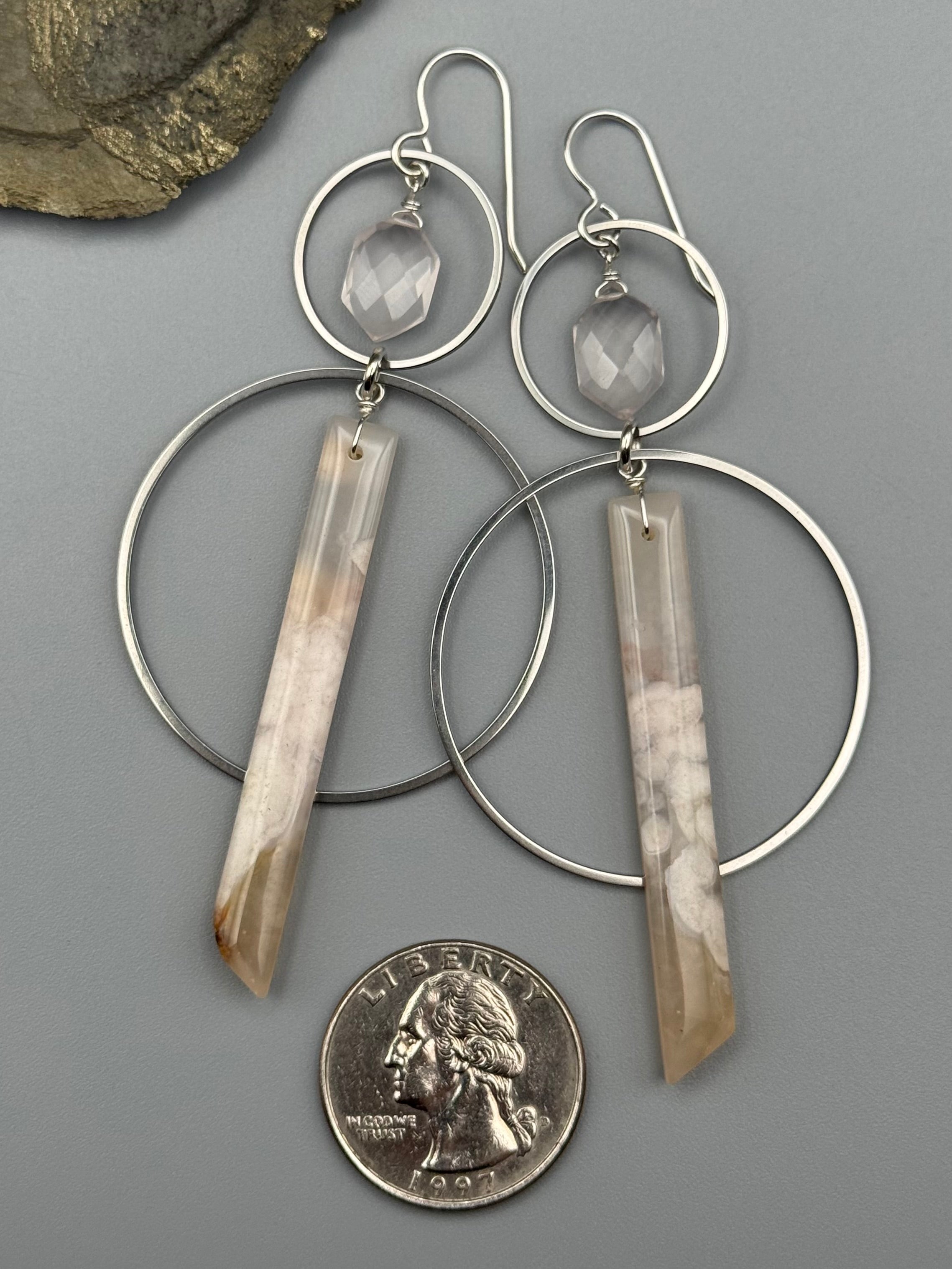 •EQUA-ORBIT• rose quartz + cherry blossom agate silver earrings