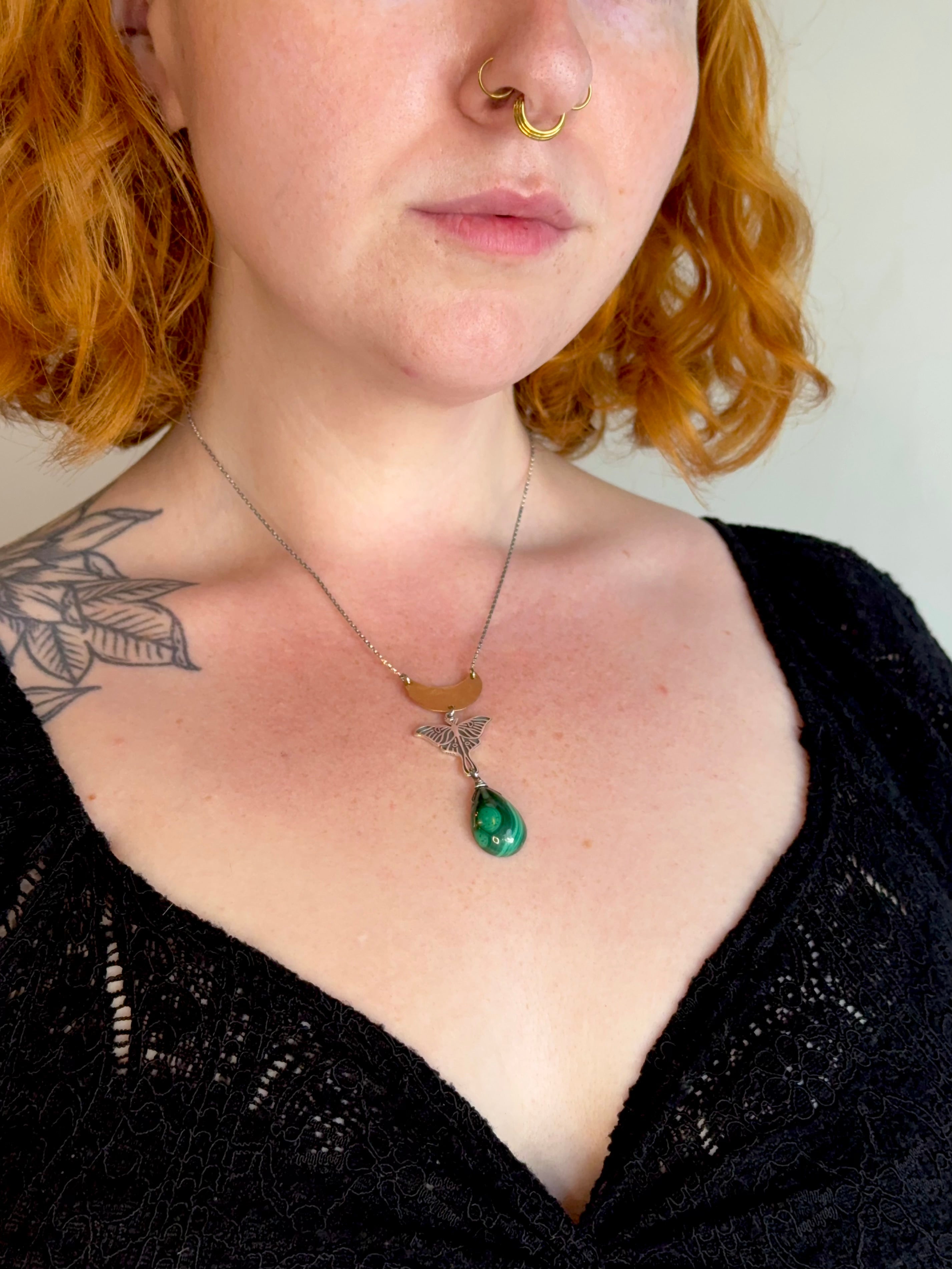 •GUIDE• malachite + moth + mixed metal necklace (18"-20" long)