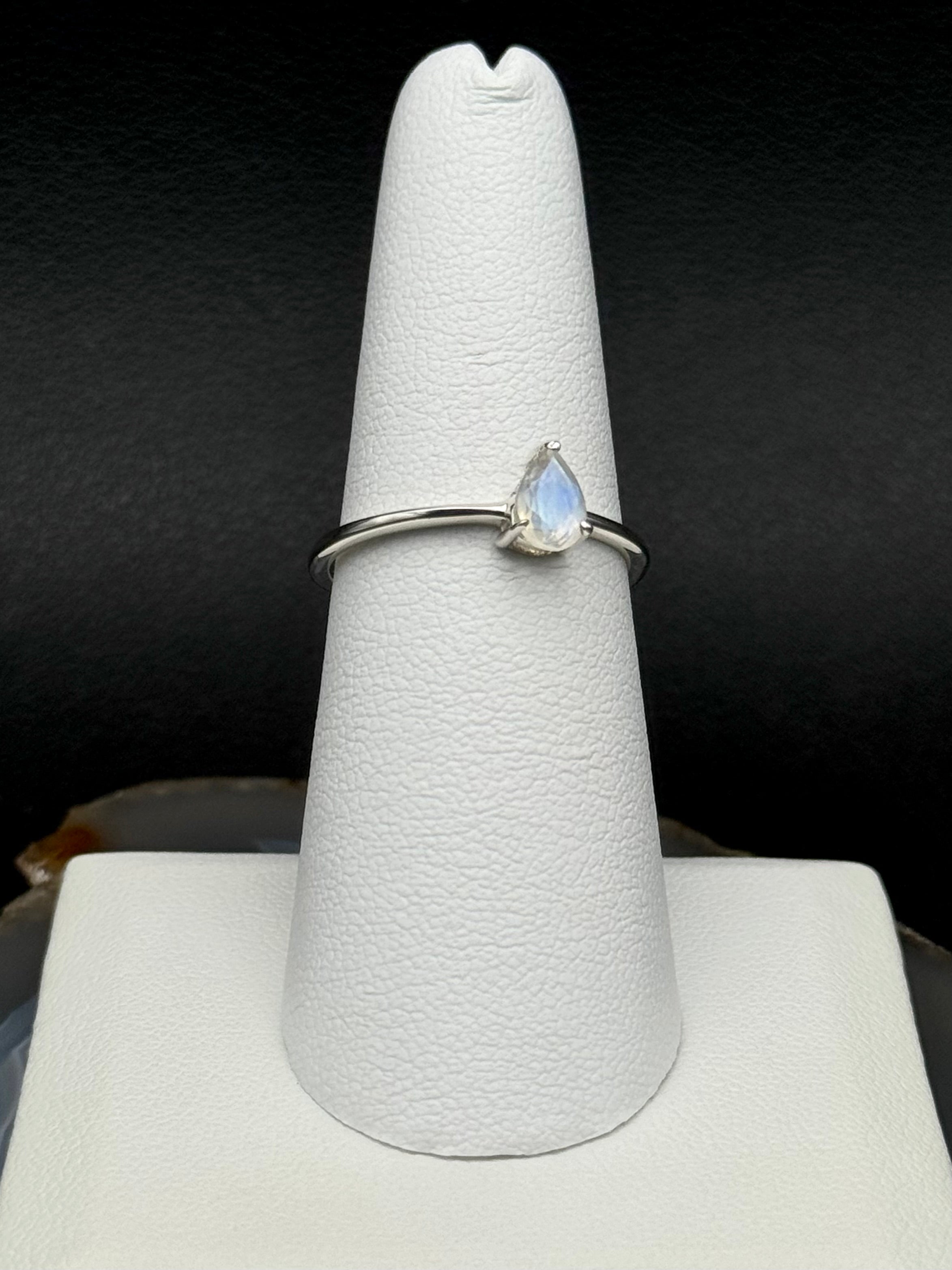 •FACETED RAINBOW MOONSTONE - LIL' TEARDROP• prong set silver ring (various sizes)