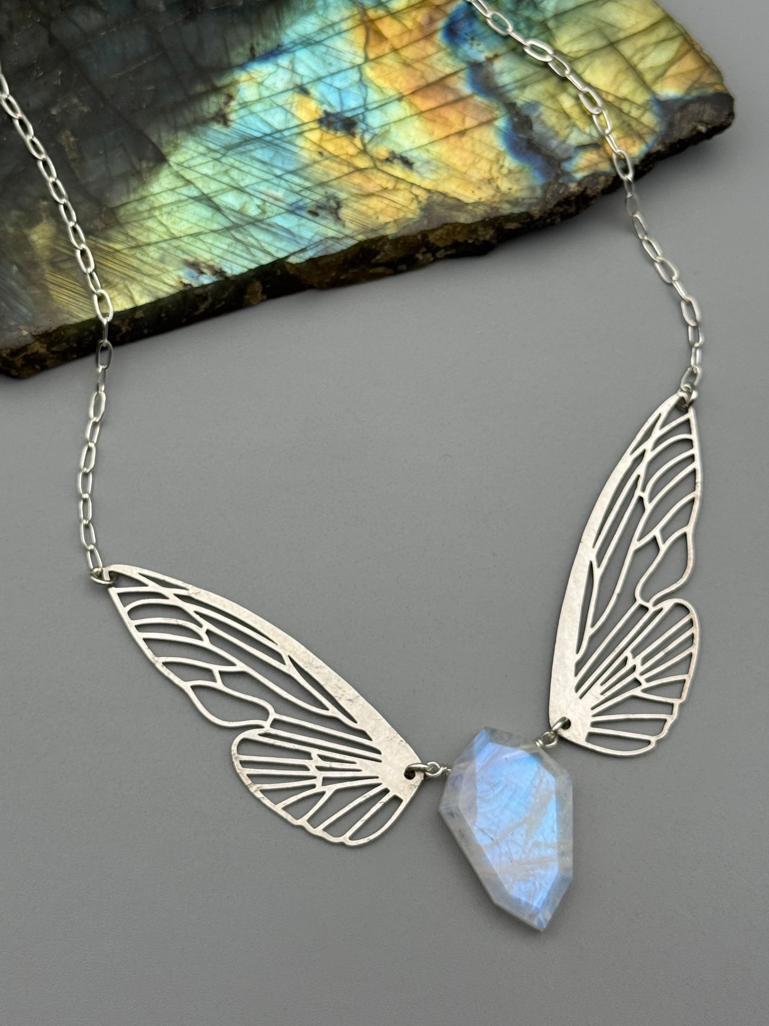 •METAMORPH• rainbow moonstone petal + silver necklace (16"-18" long)