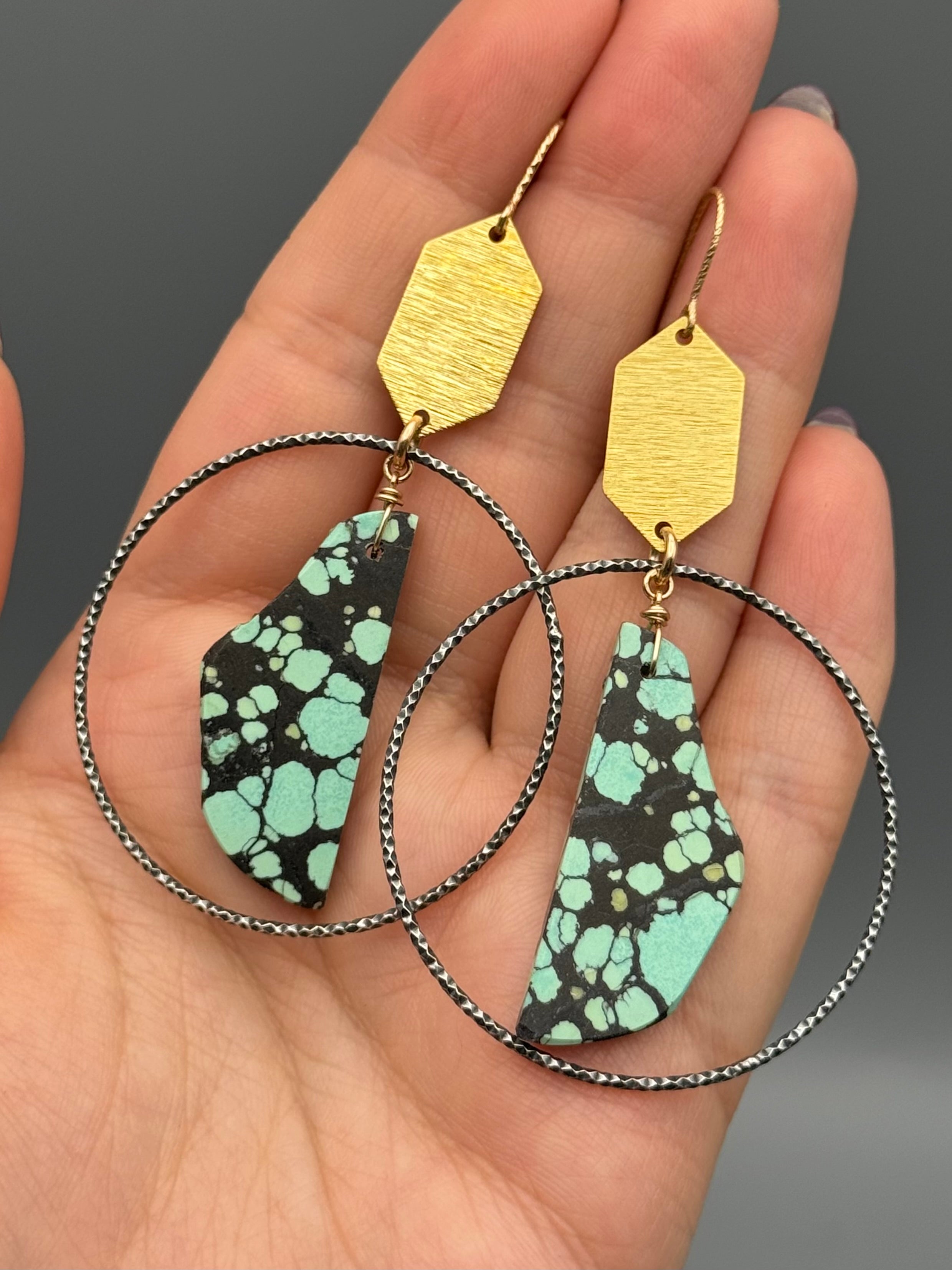 •HEX HOOPS• turquoise slab + mixed metal earrings