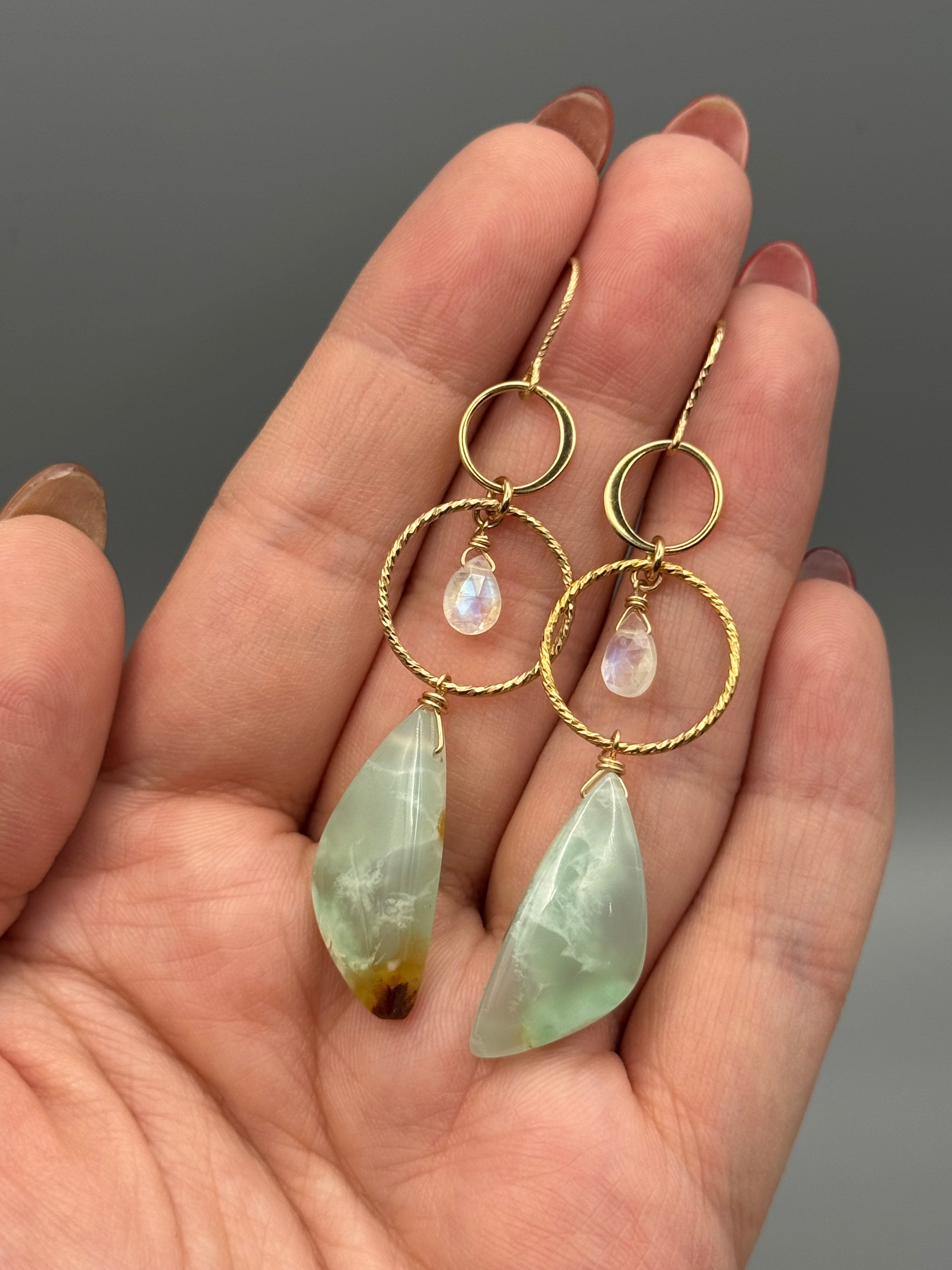 •4 OF CUPS• rainbow moonstone + chrysoprase gold earrings