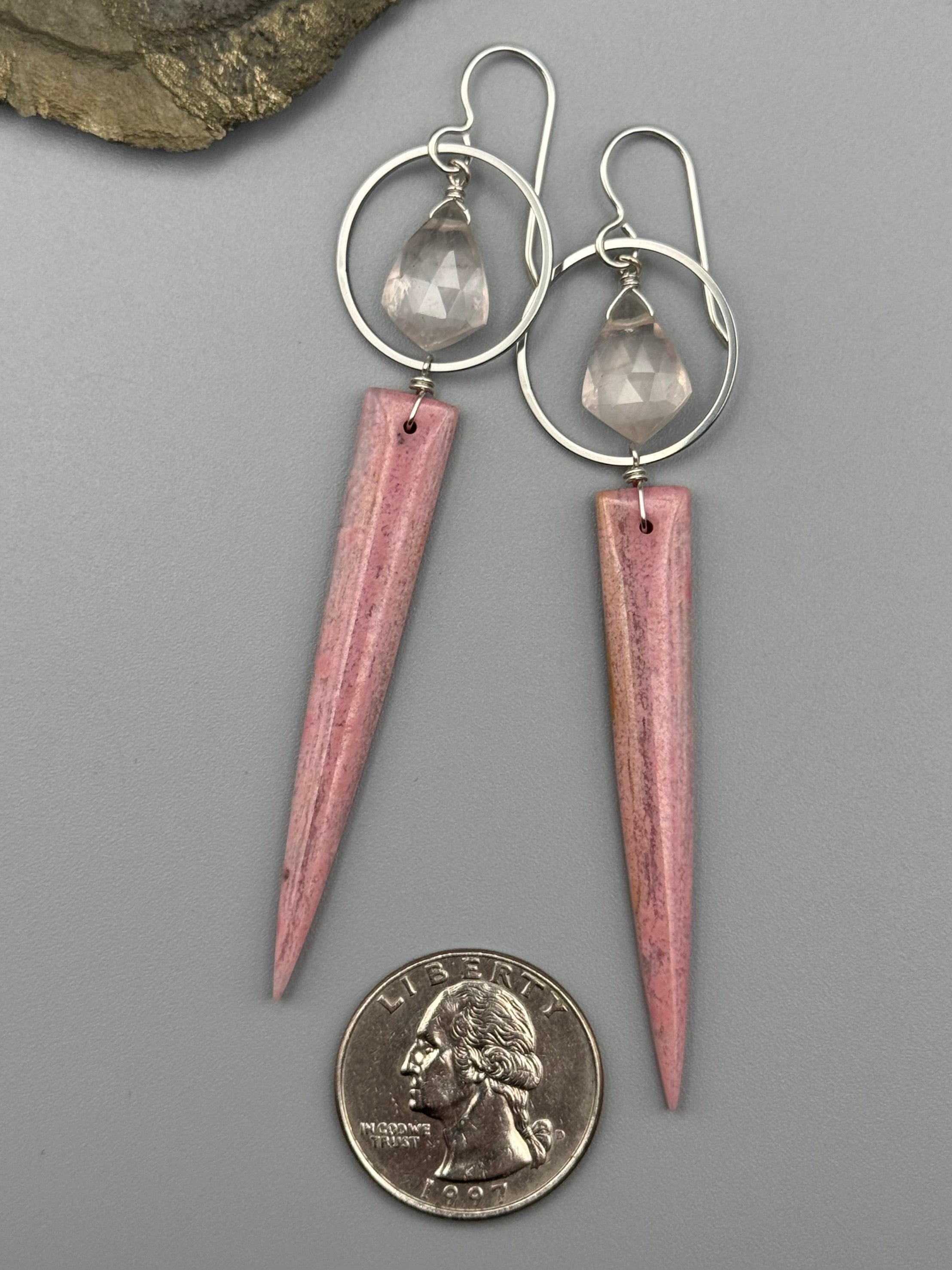•LUNA• rose quartz + rhodonite in quartz silver earrings