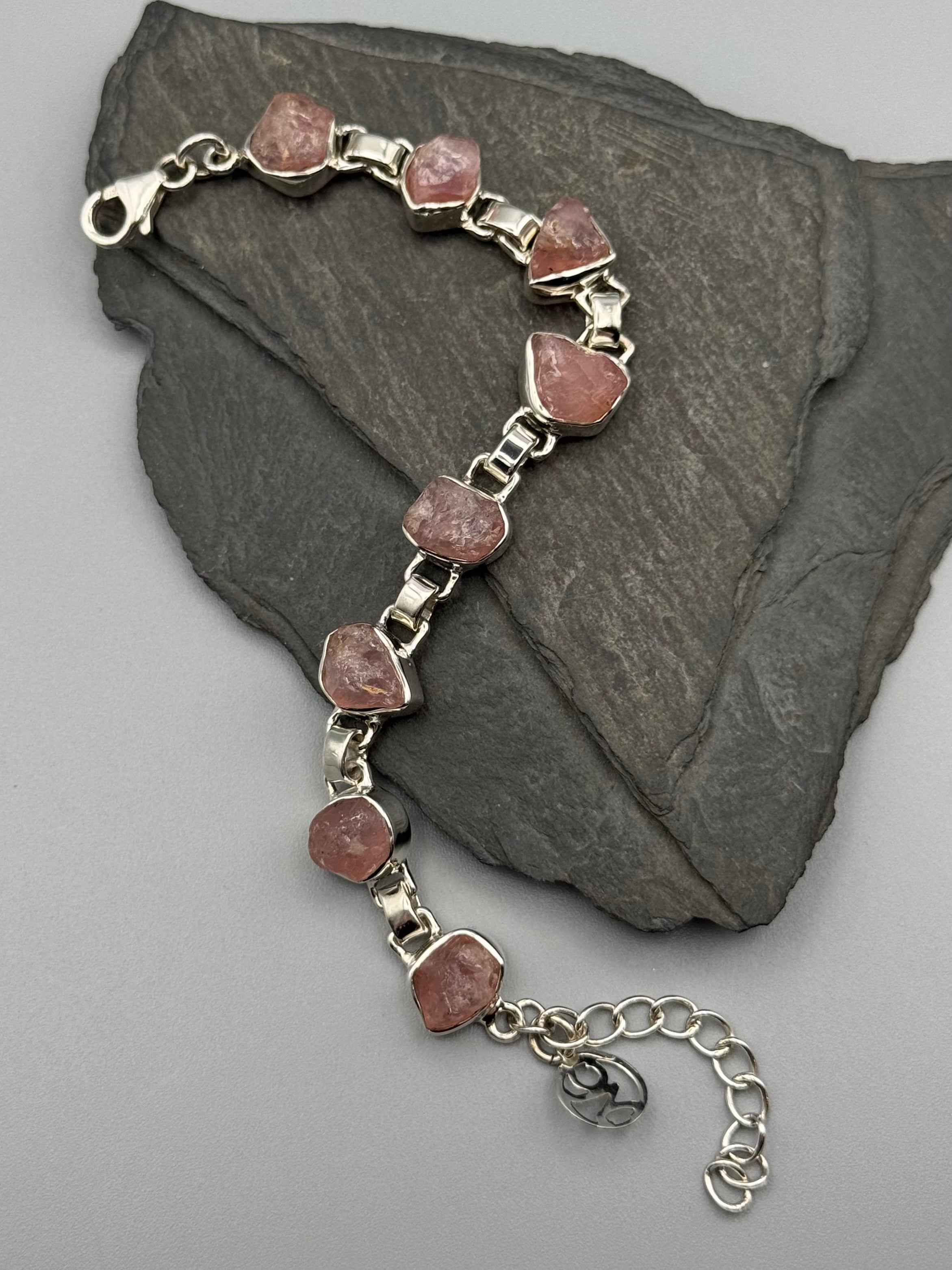 •ROSE QUARTZ - FREEFORM• linked silver bracelet (6.25" - 8")