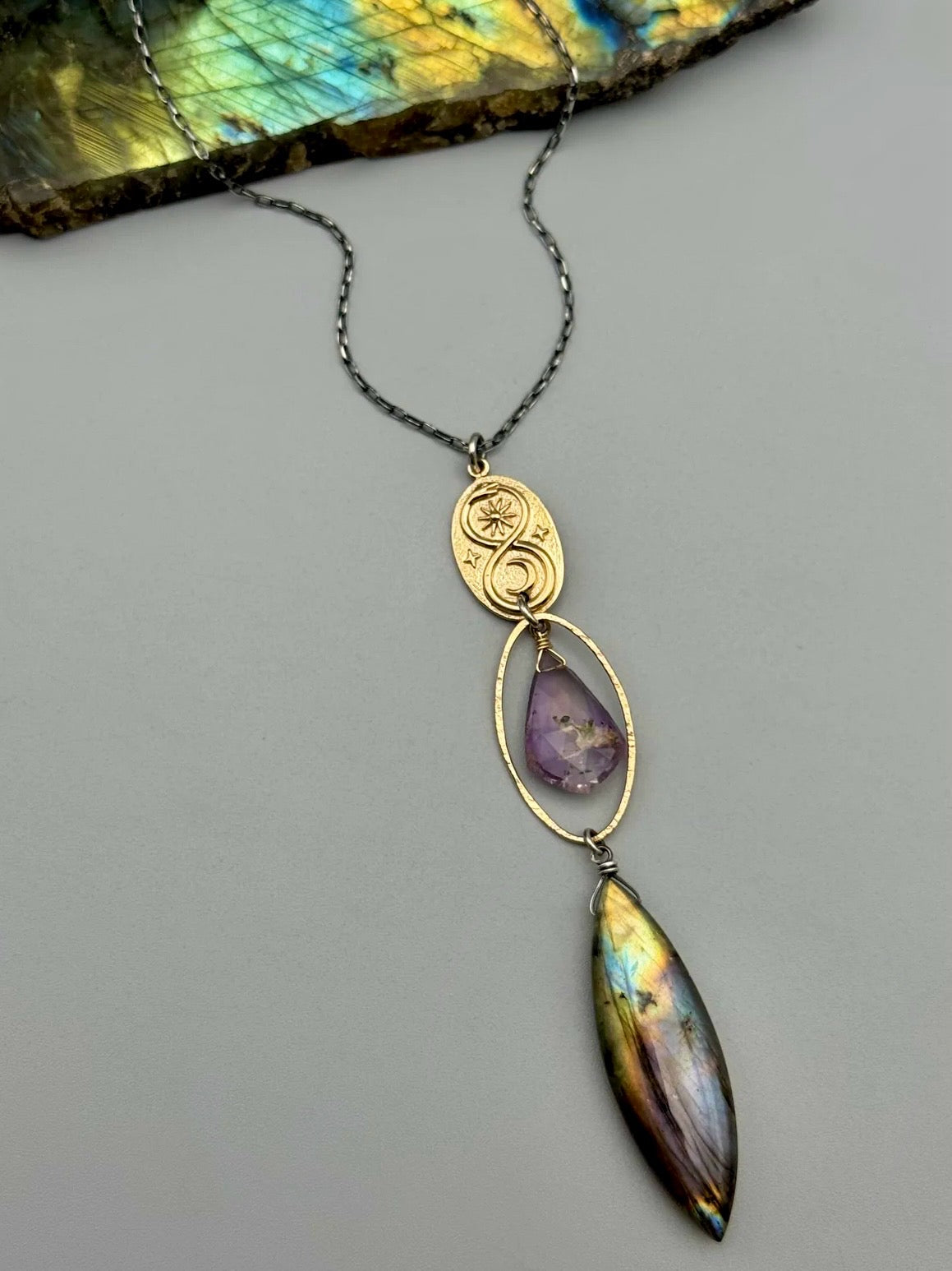 •NĀGA• amethyst + labradorite mixed metal necklace (26"-28" long)