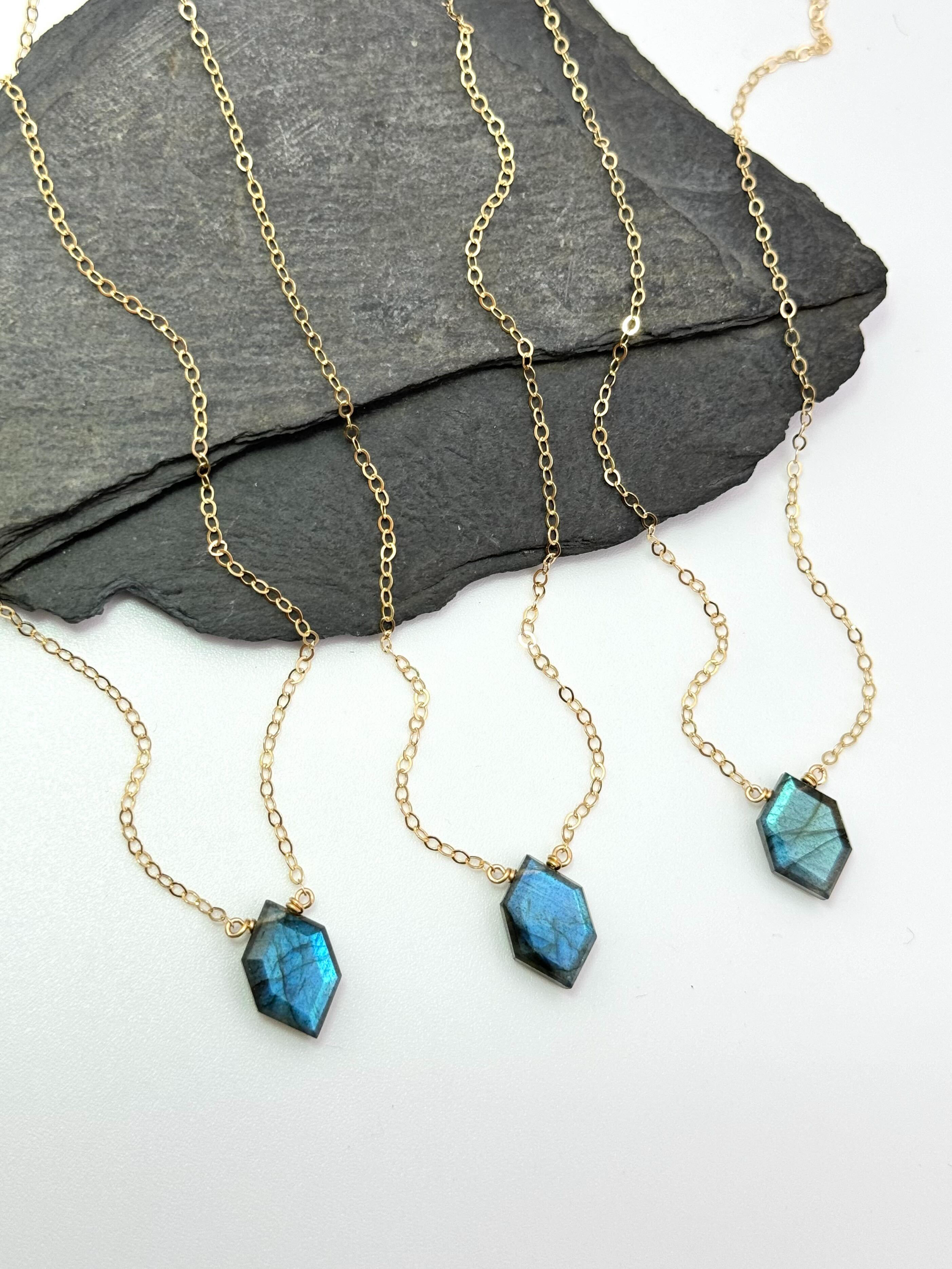 •STRAY• faceted labradorite lil' hex  + gold necklace