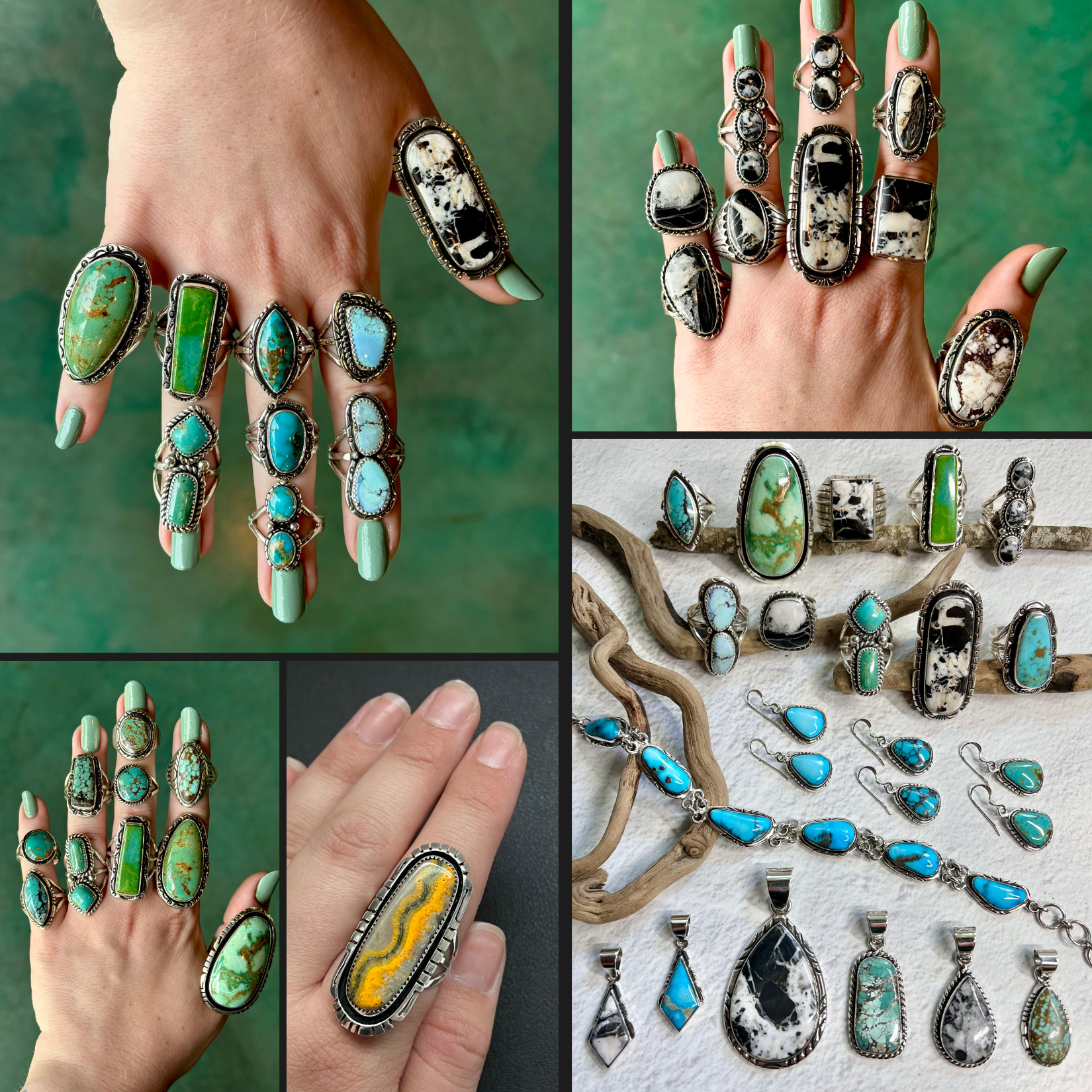 hands adorned in Native American made jewelry, featuring various types of turquoise