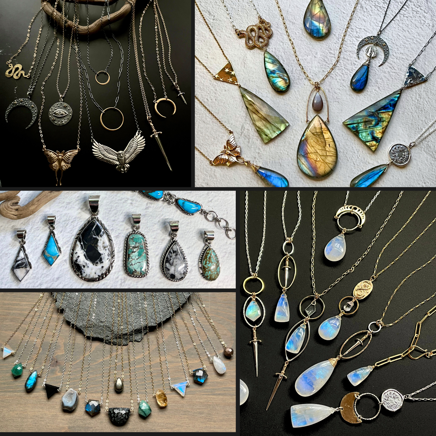 a collage of various necklaces with colorful gemstones in silver and gold options