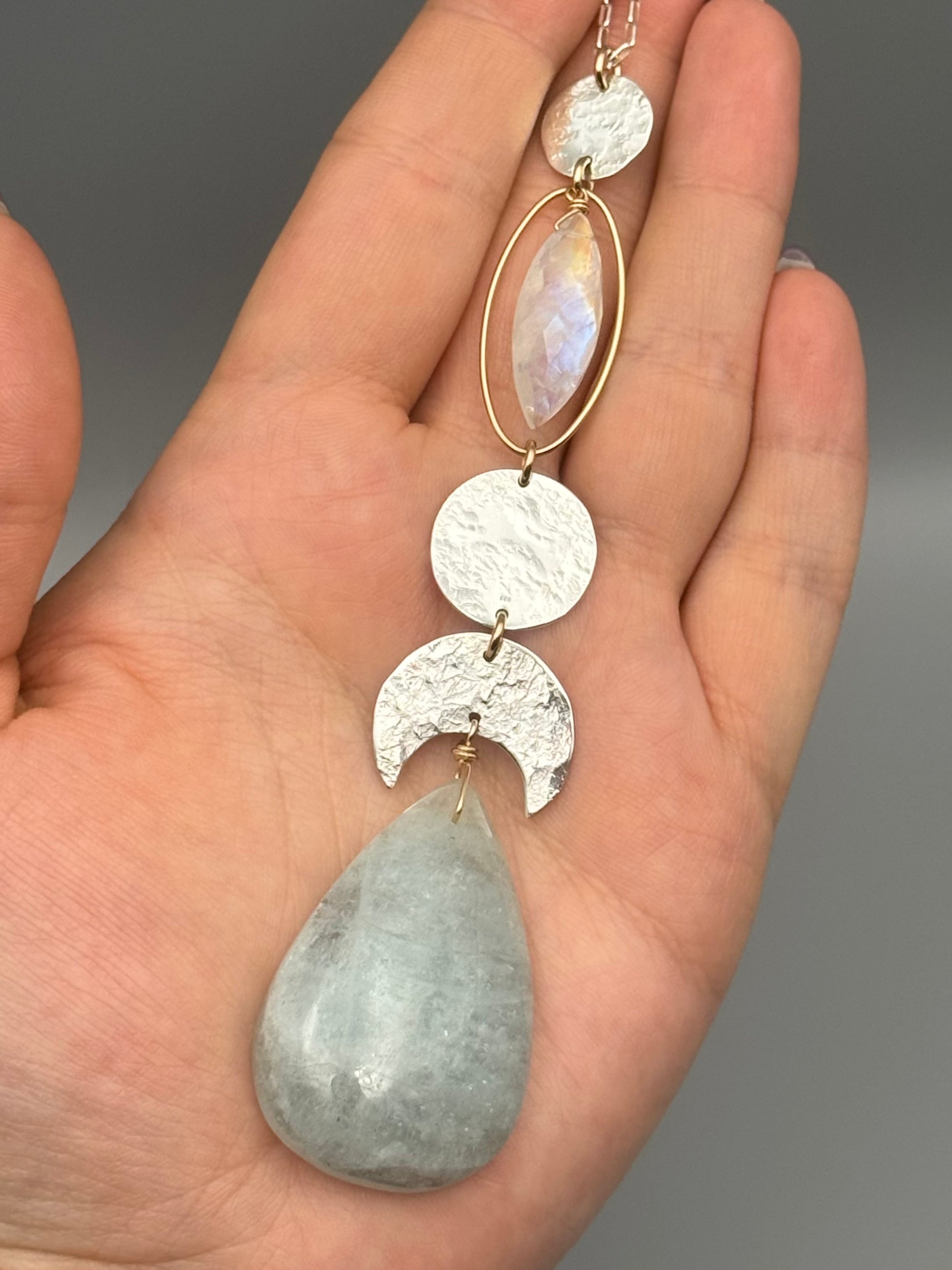 •NYX• rainbow moonstone + aquamarine mixed metal necklace (26"-28" long)