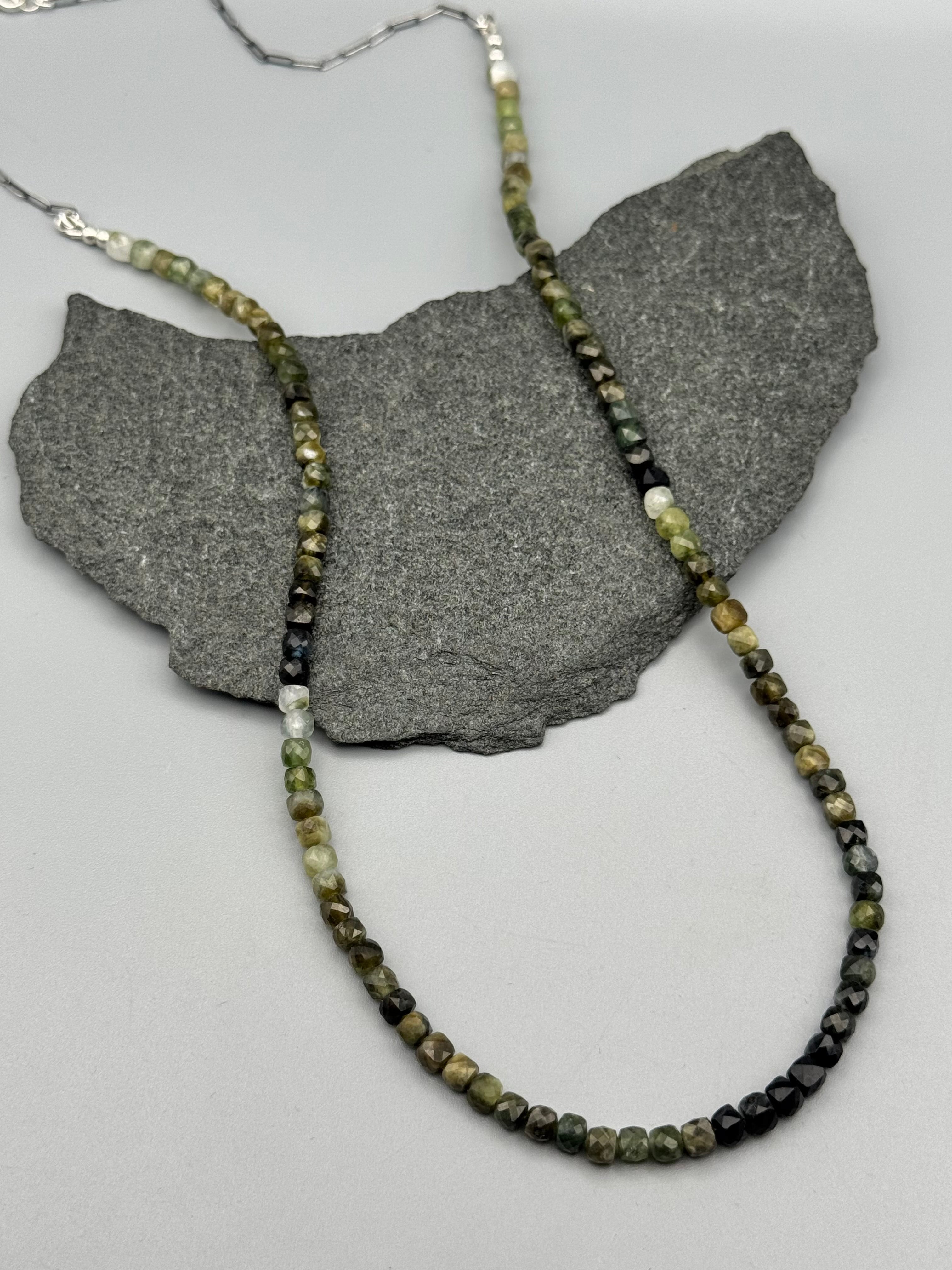 •GREEN TOURMALINE - STRAND• silver beaded necklace (24" long)