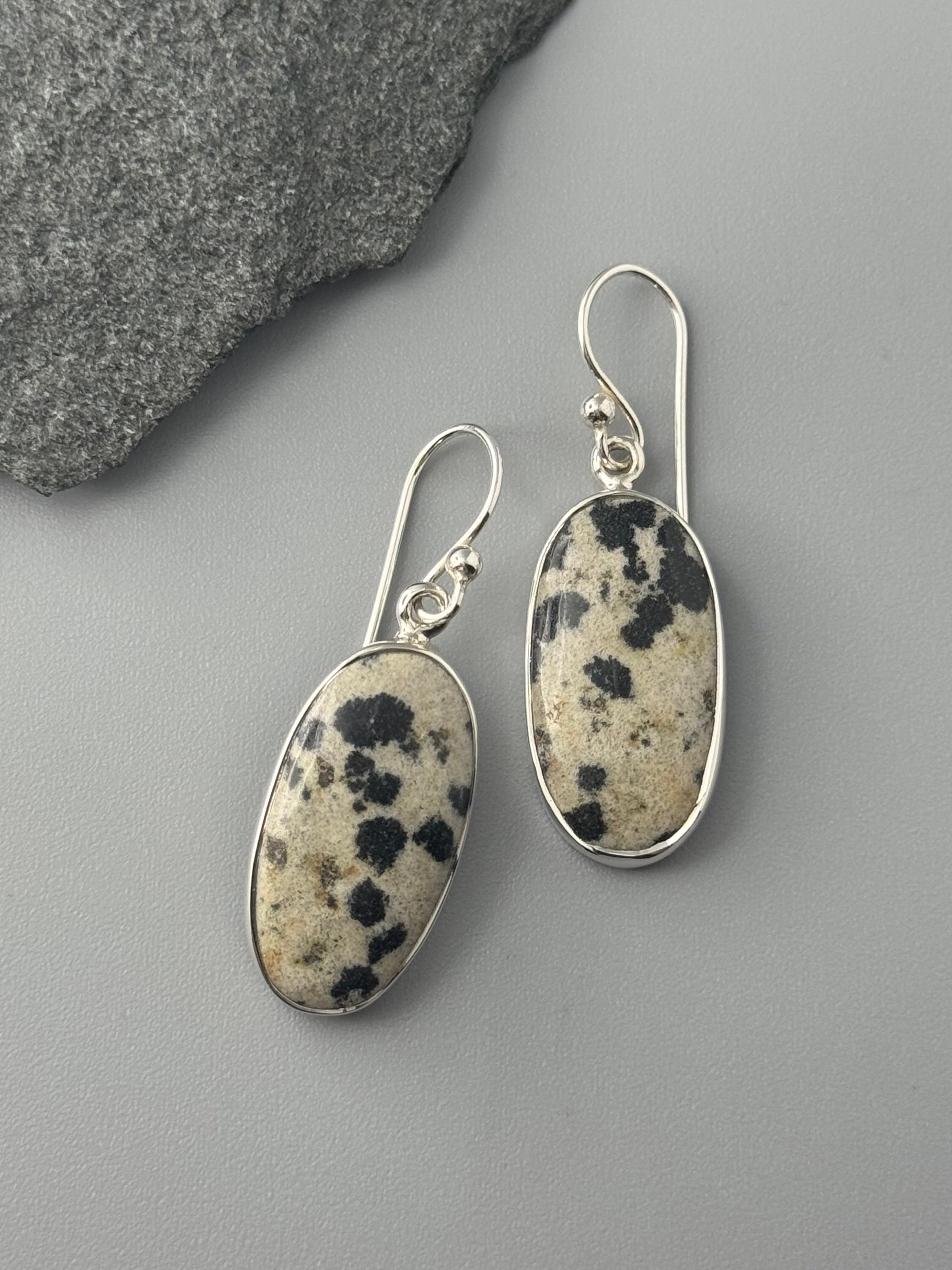 •DALMATIAN JASPER - OVAL• silver dangle earrings