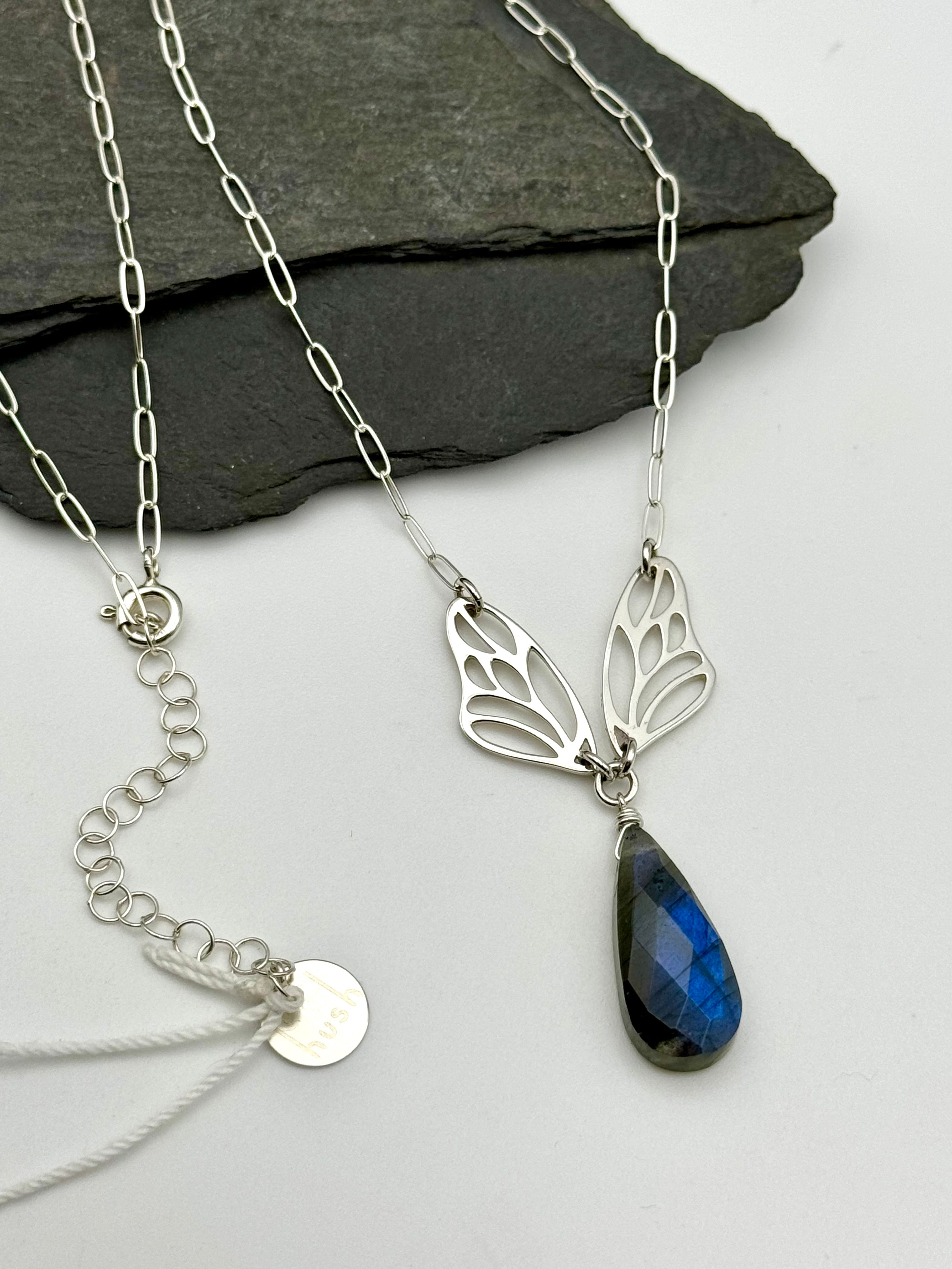 •METAMORPH• labradorite + wings + silver necklace (18"-20" long)