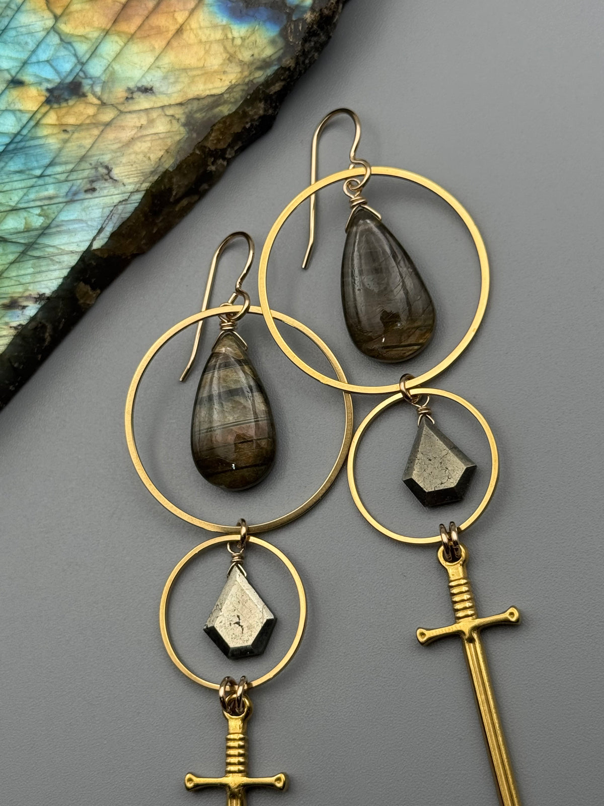 •AELIN• golden labradorite tear + pyrite gold earrings
