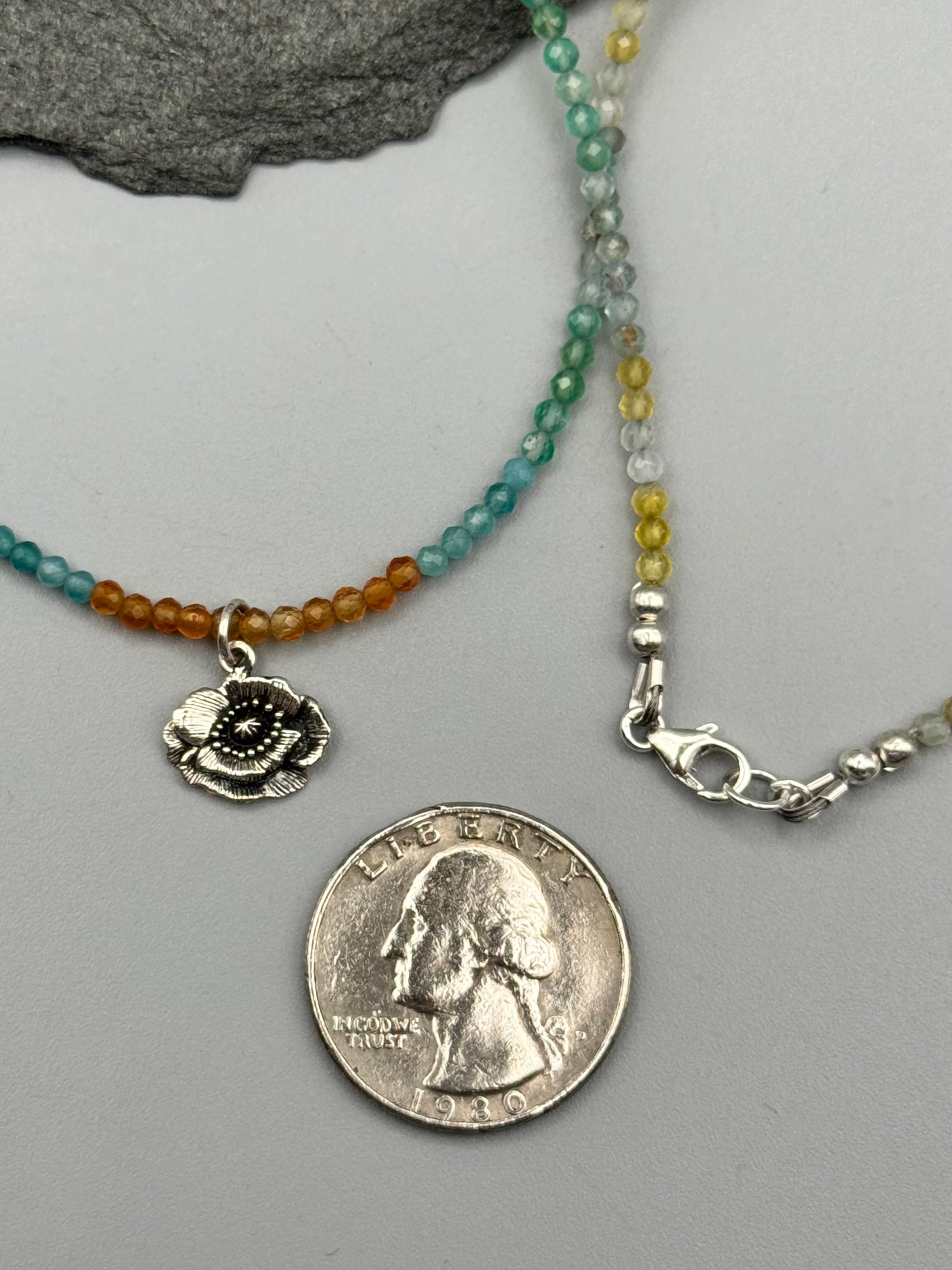 •AGATE - POPPY• silver beaded necklace (16.5" long)
