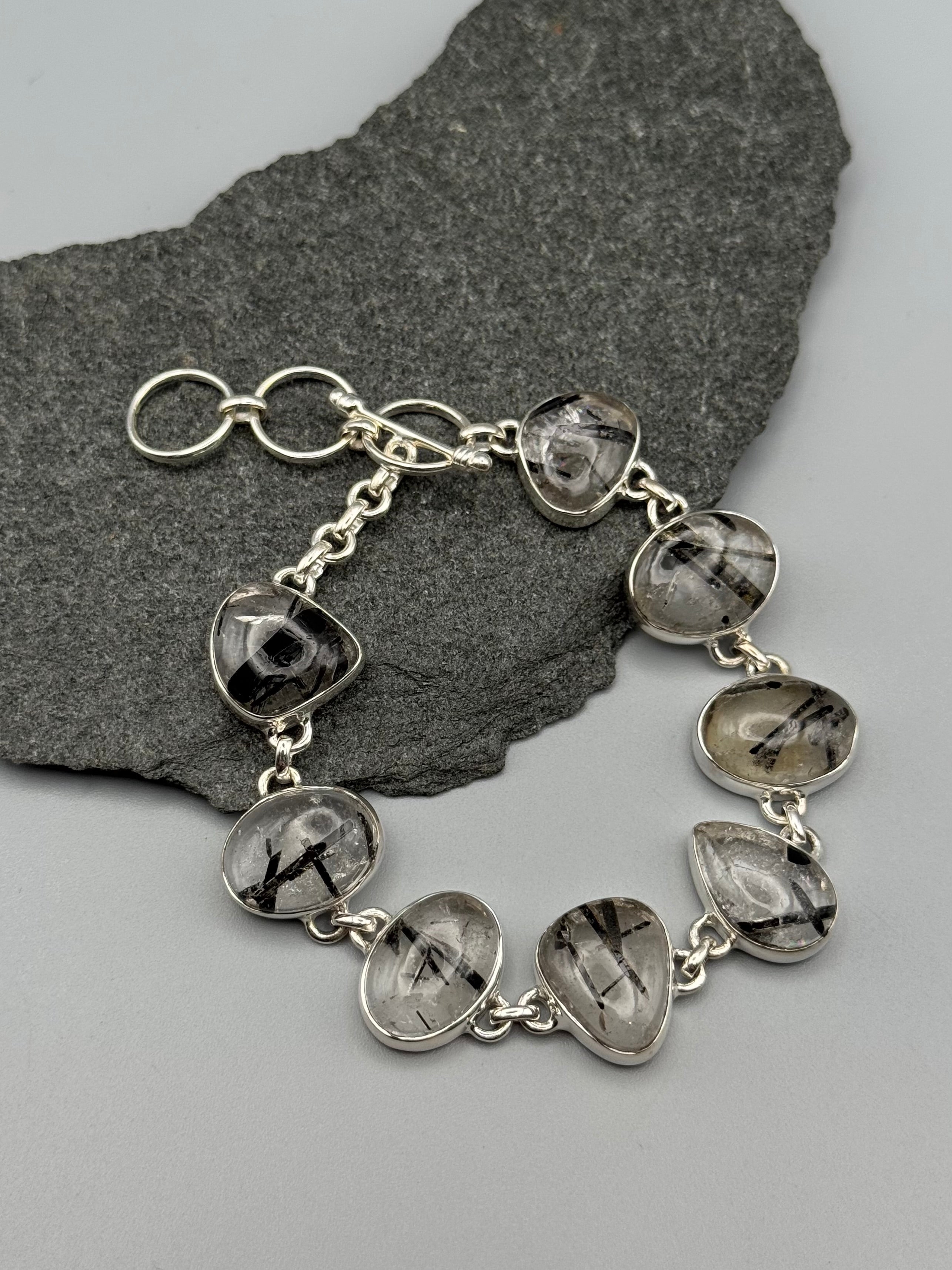 •TOURMALINATED QUARTZ - GEO MIX• linked silver bracelet (7" - 8.5")