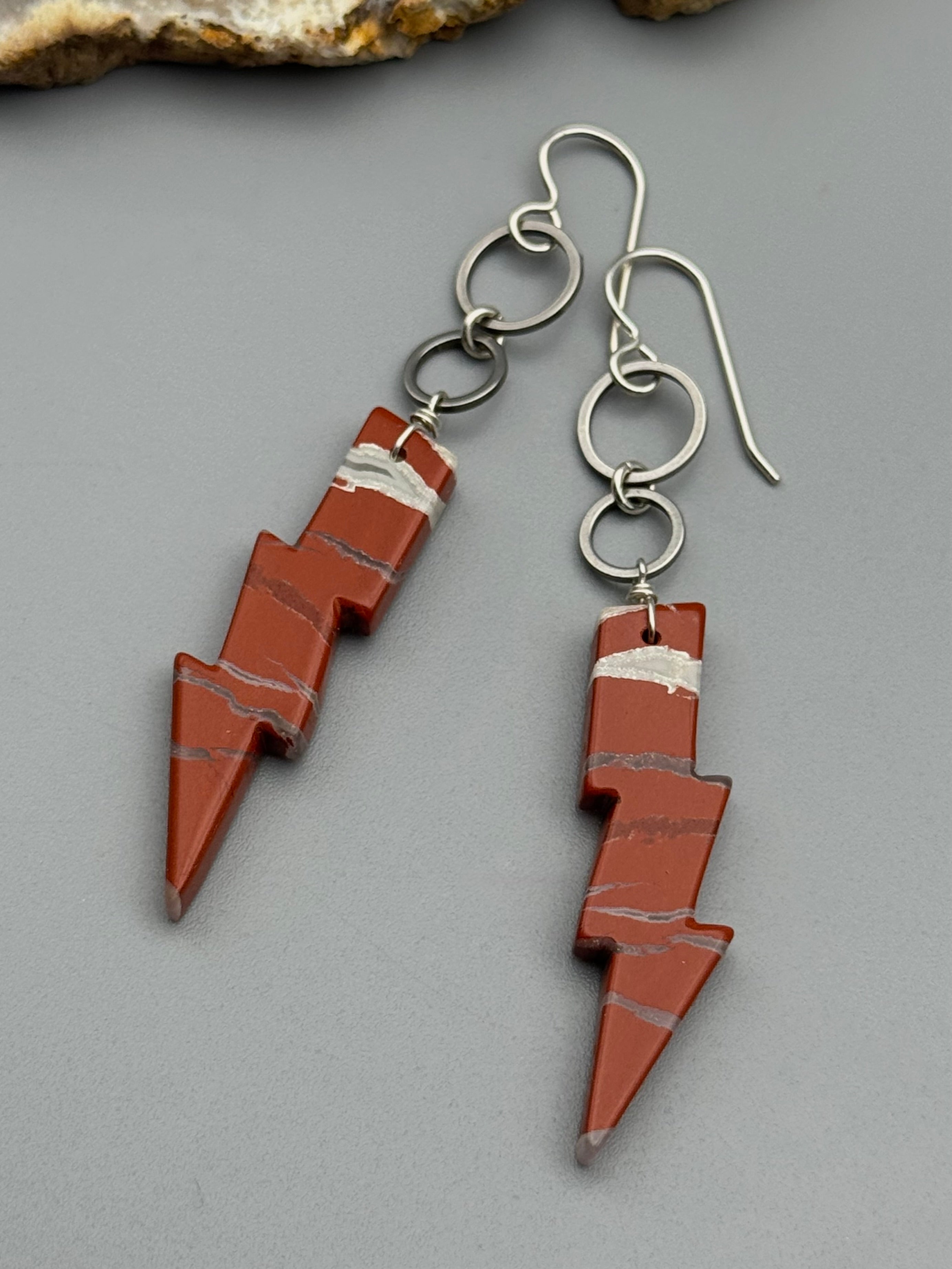 •4 OF CUPS• red jasper bolt + silver earrings