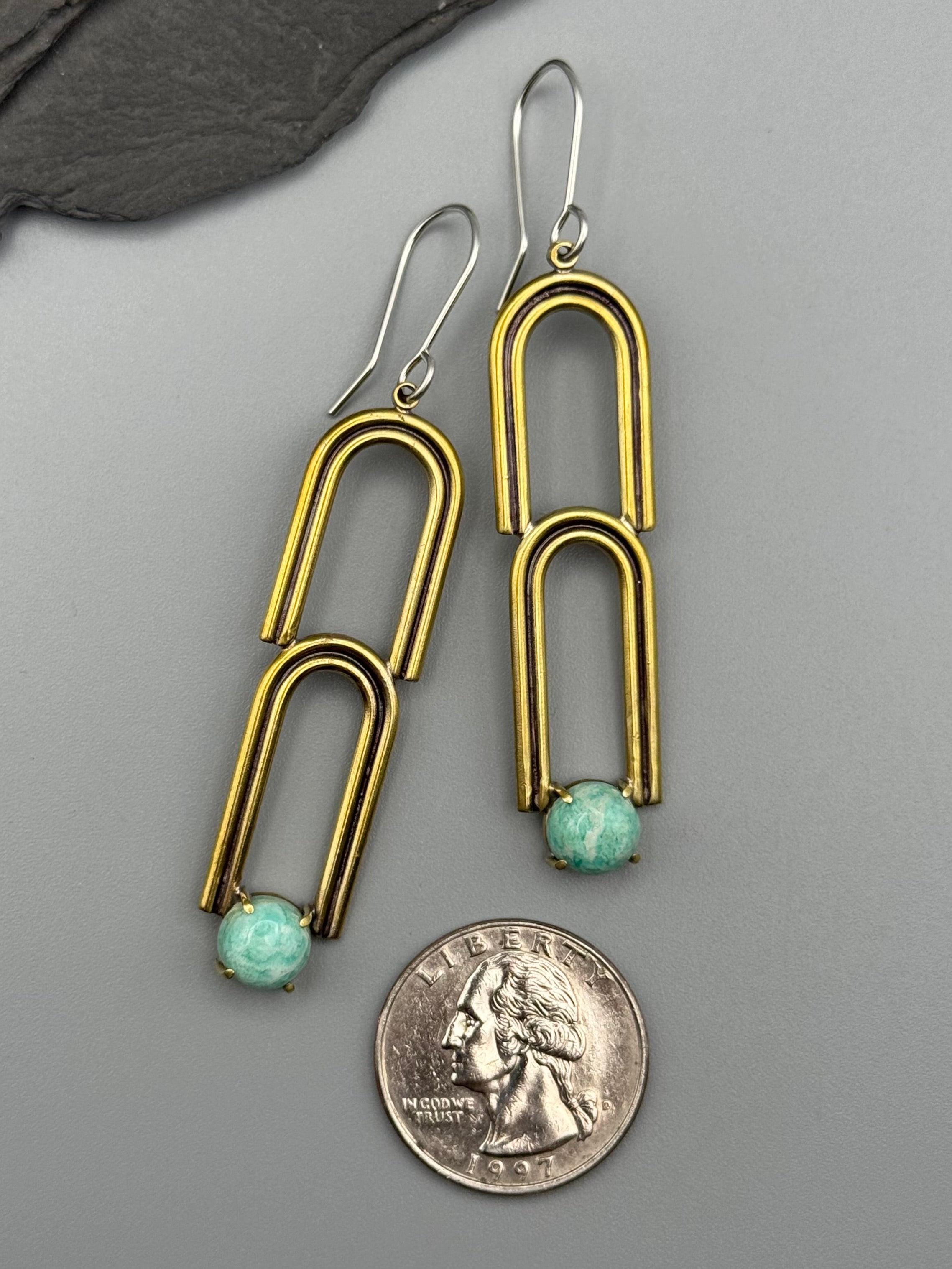 •DOUBLE ARCHES• amazonite + brass dangle earrings