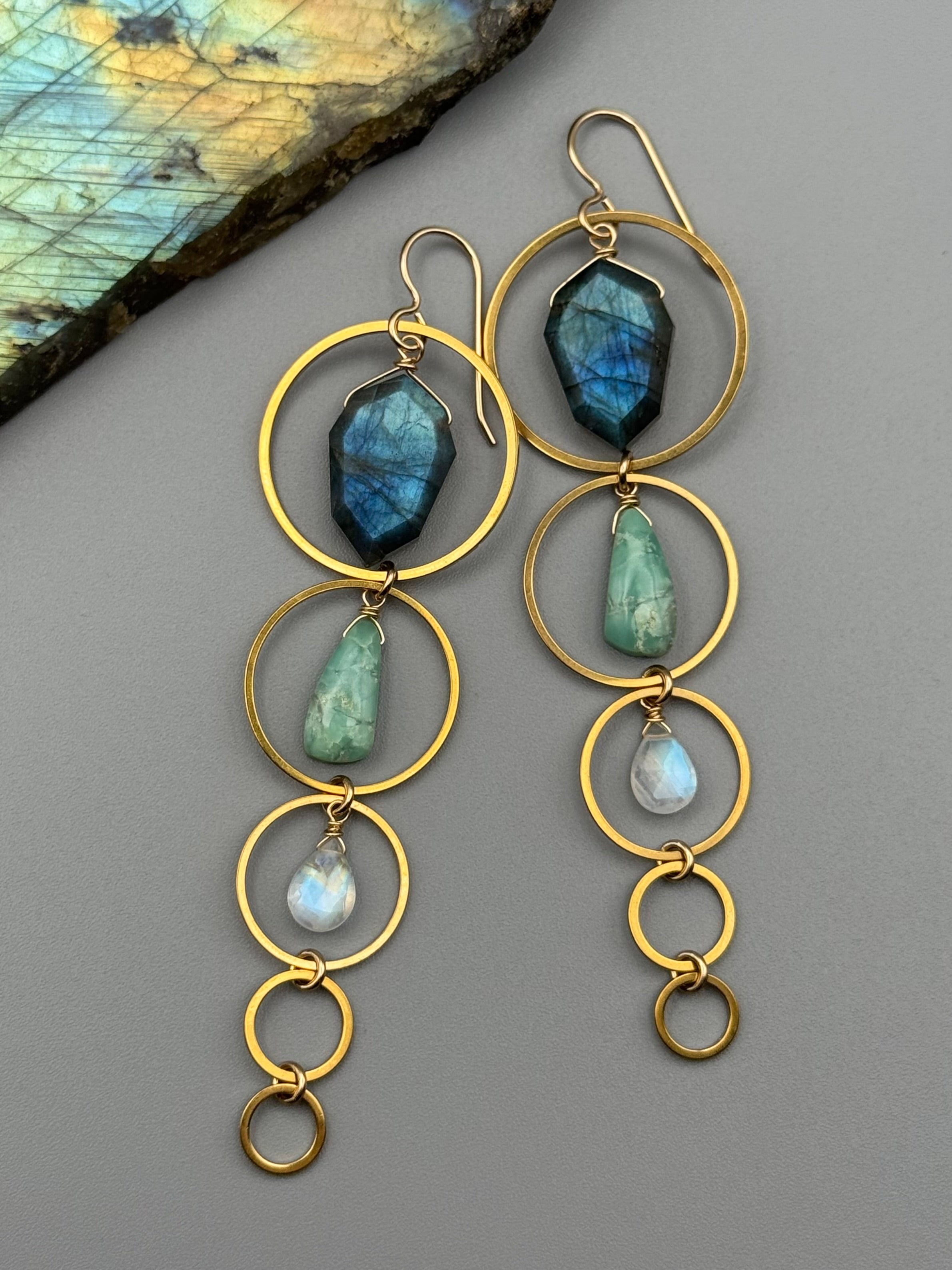 •10 OF CUPS• labradorite + chrysoprase + rainbow moonstone gold earrings