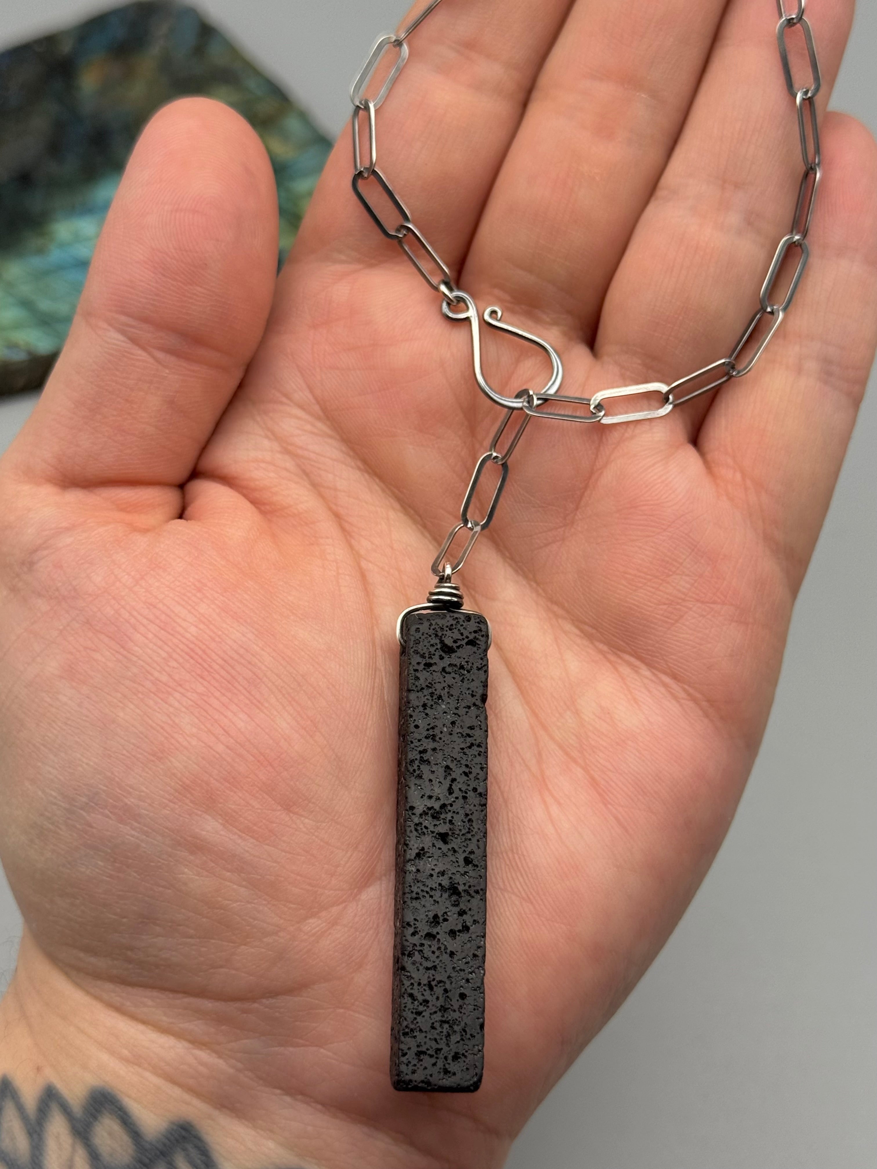 •LINKED• black lava + silver necklace (ADJ to 19")