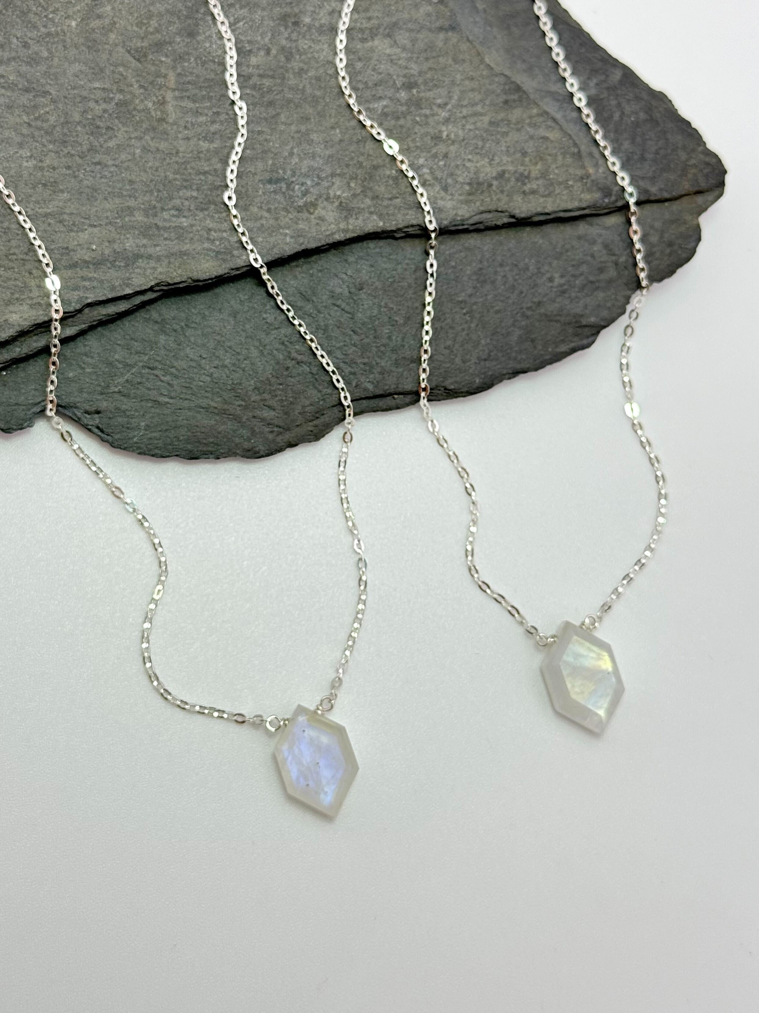 •STRAY• faceted rainbow moonstone lil' hex + silver necklace