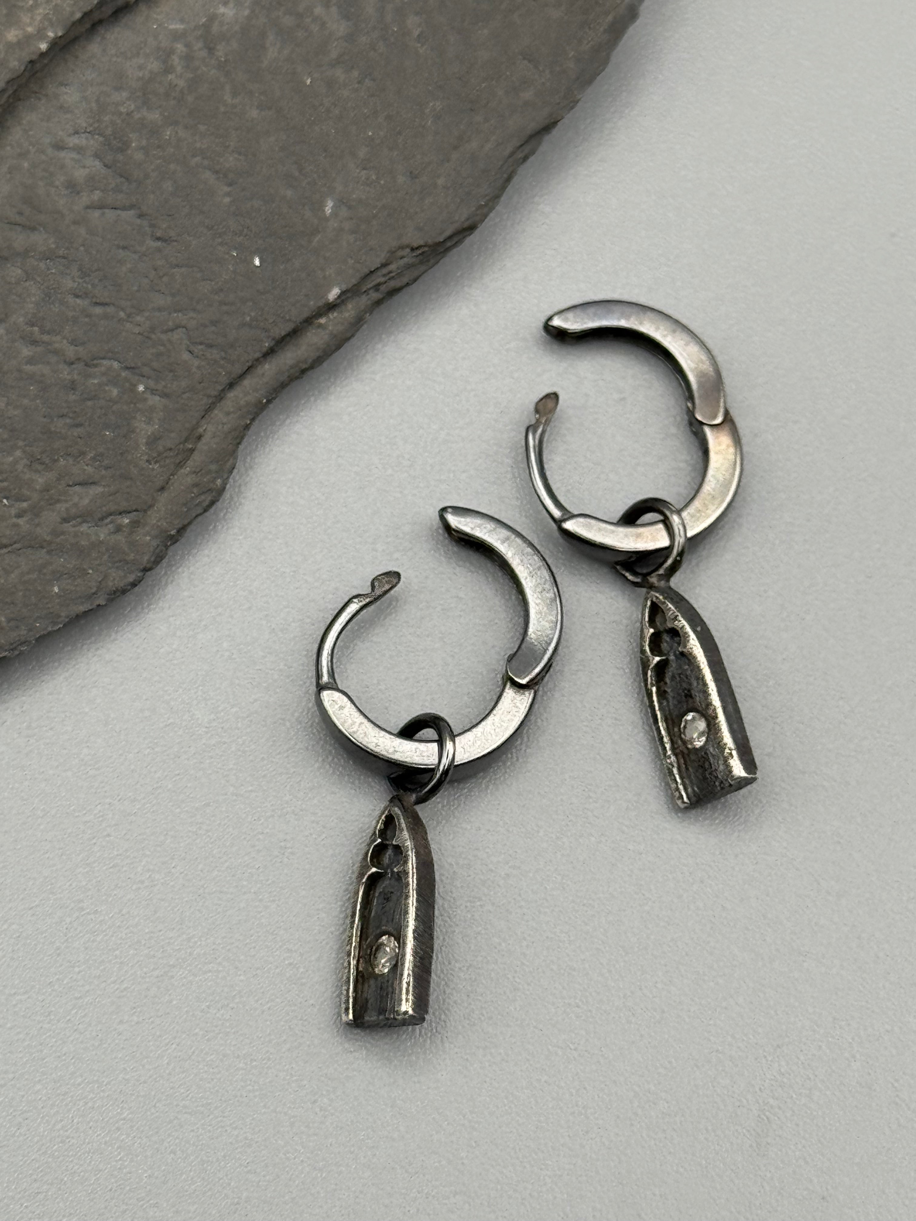 •LIL' GOTHIC ARCHES• white sapphire + silver huggie hoop earrings