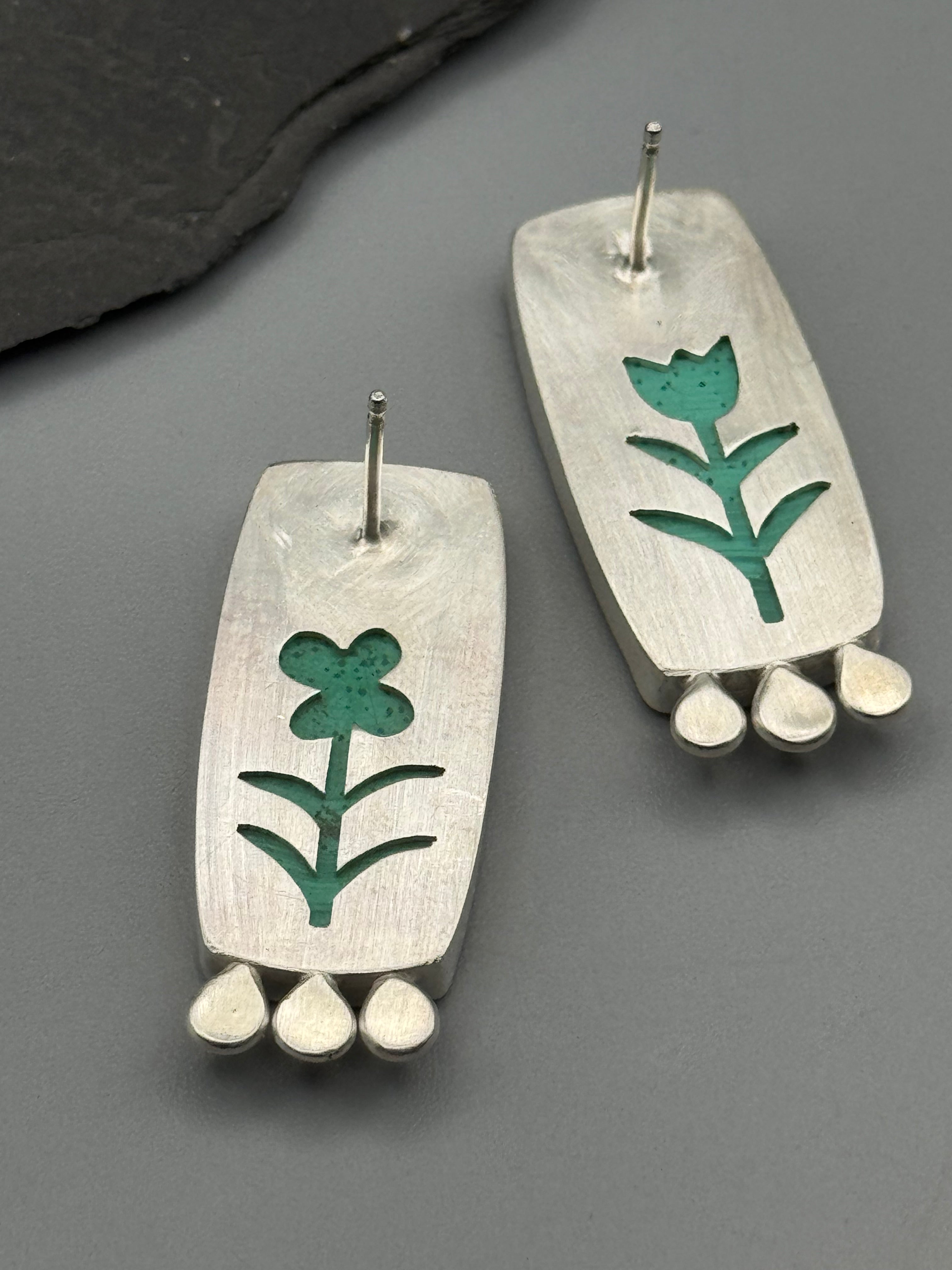 •POLLINATOR• malachite rectangle + silver post earrings