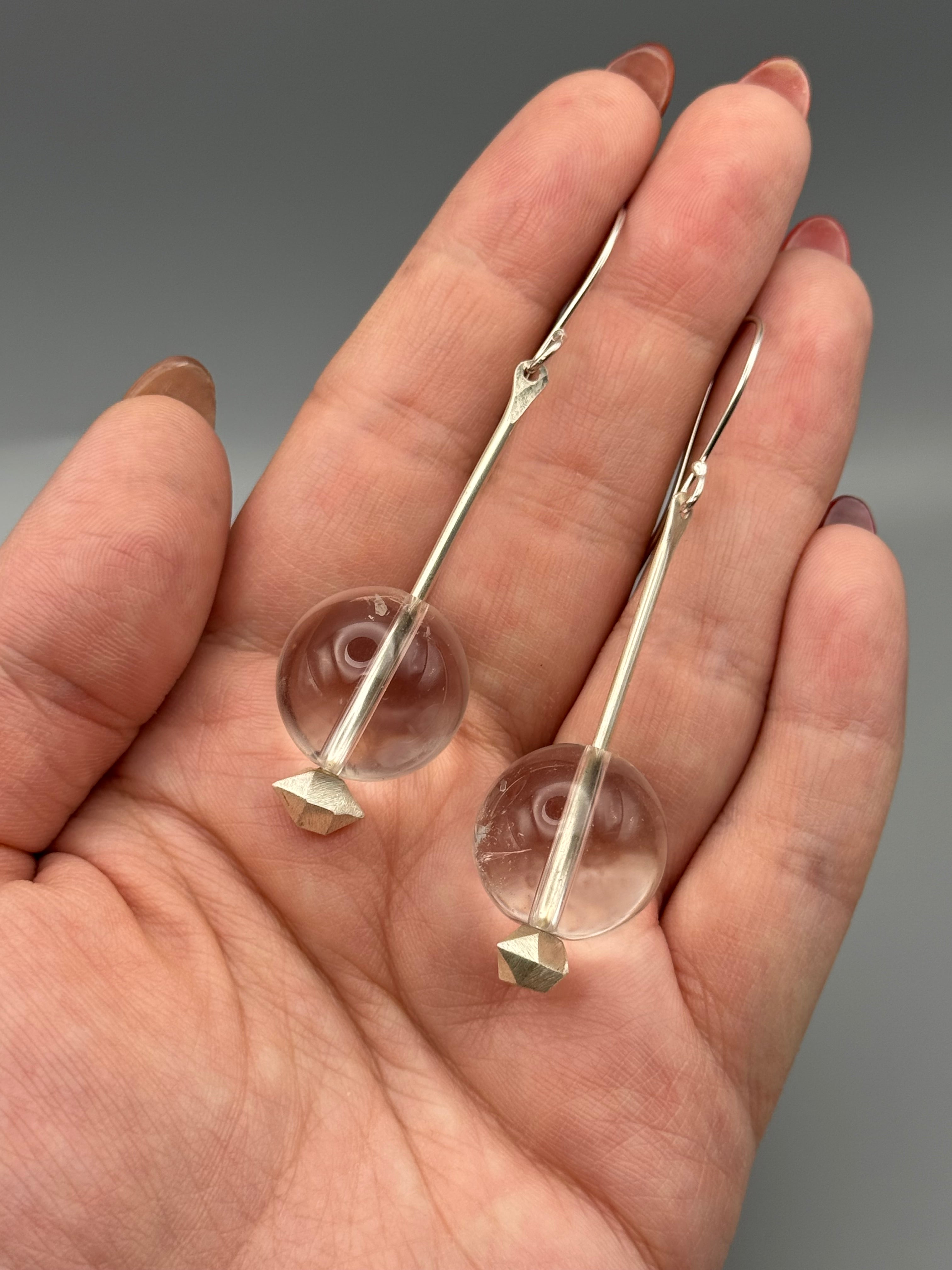 •ORB• clear quartz sphere + herkimer cast silver dangle earrings
