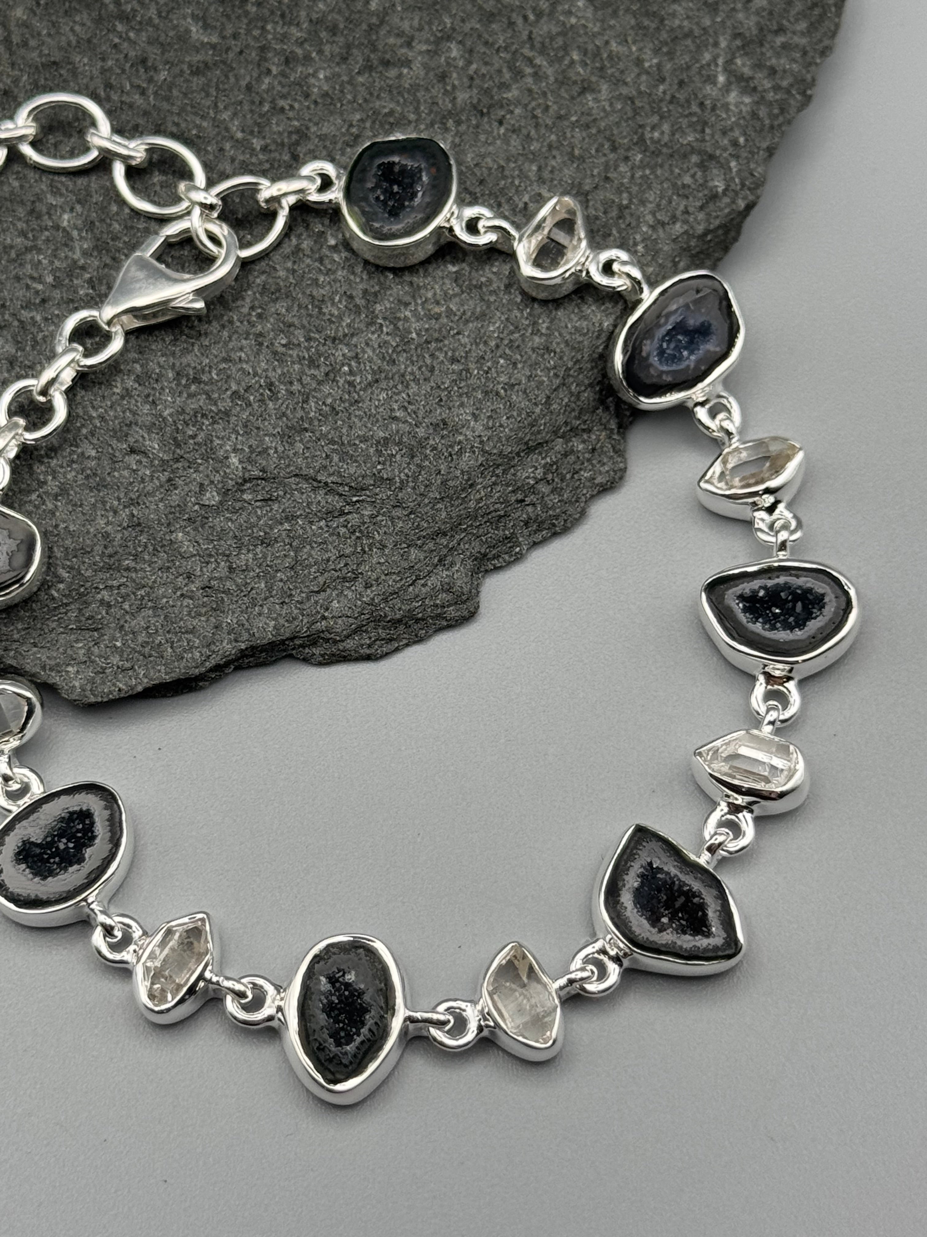 •COCONUT DRUZY + HERKIMER• linked silver bracelet (7.25" - 9")