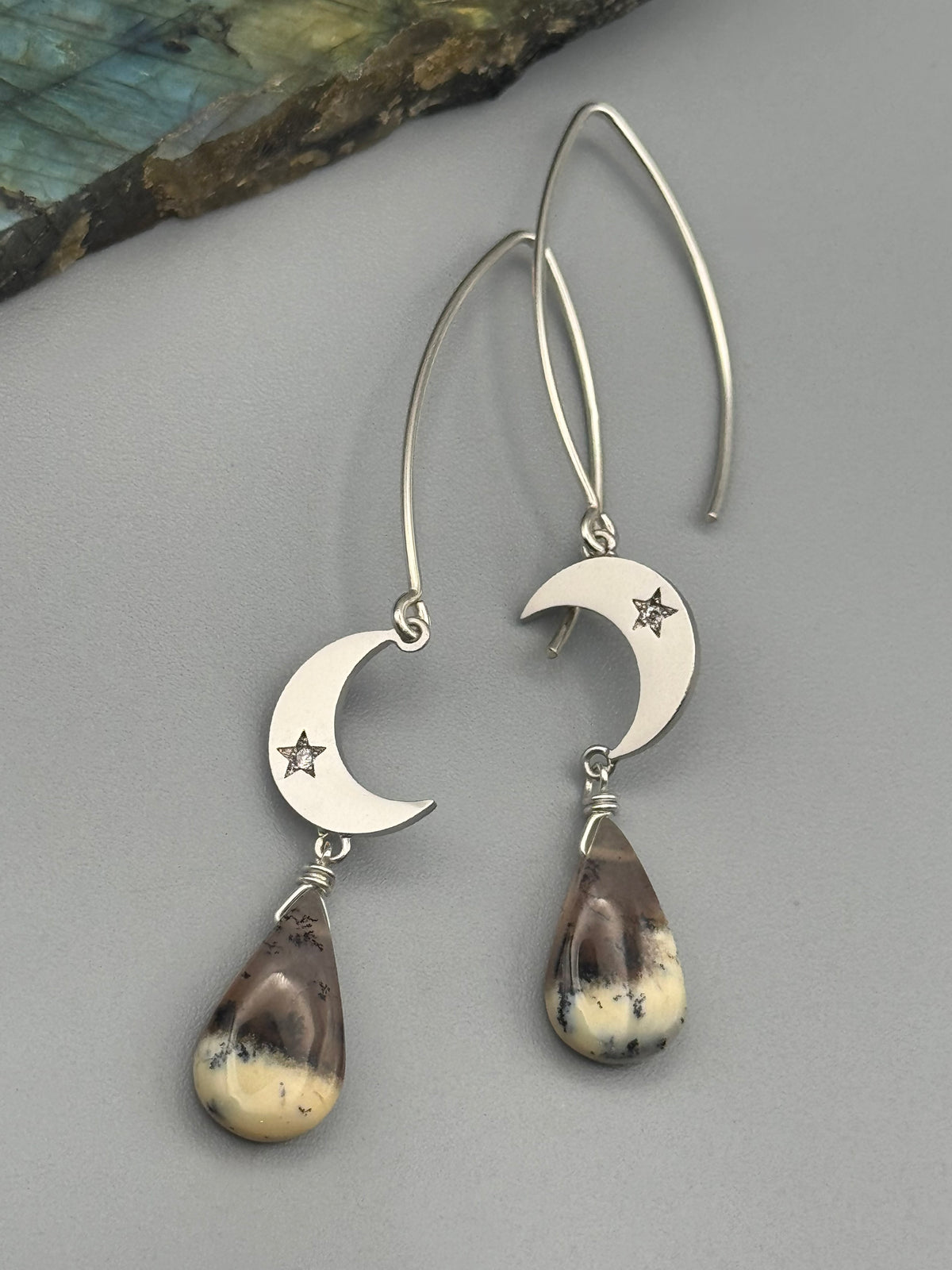 •CRYSTAL CRESCENT• dendritic opal tear + silver earrings
