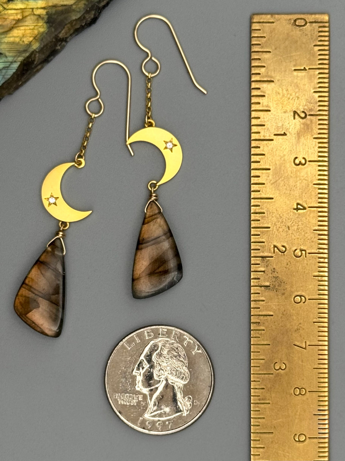 •CRYSTAL CRESCENT• golden labradorite wing + gold earrings