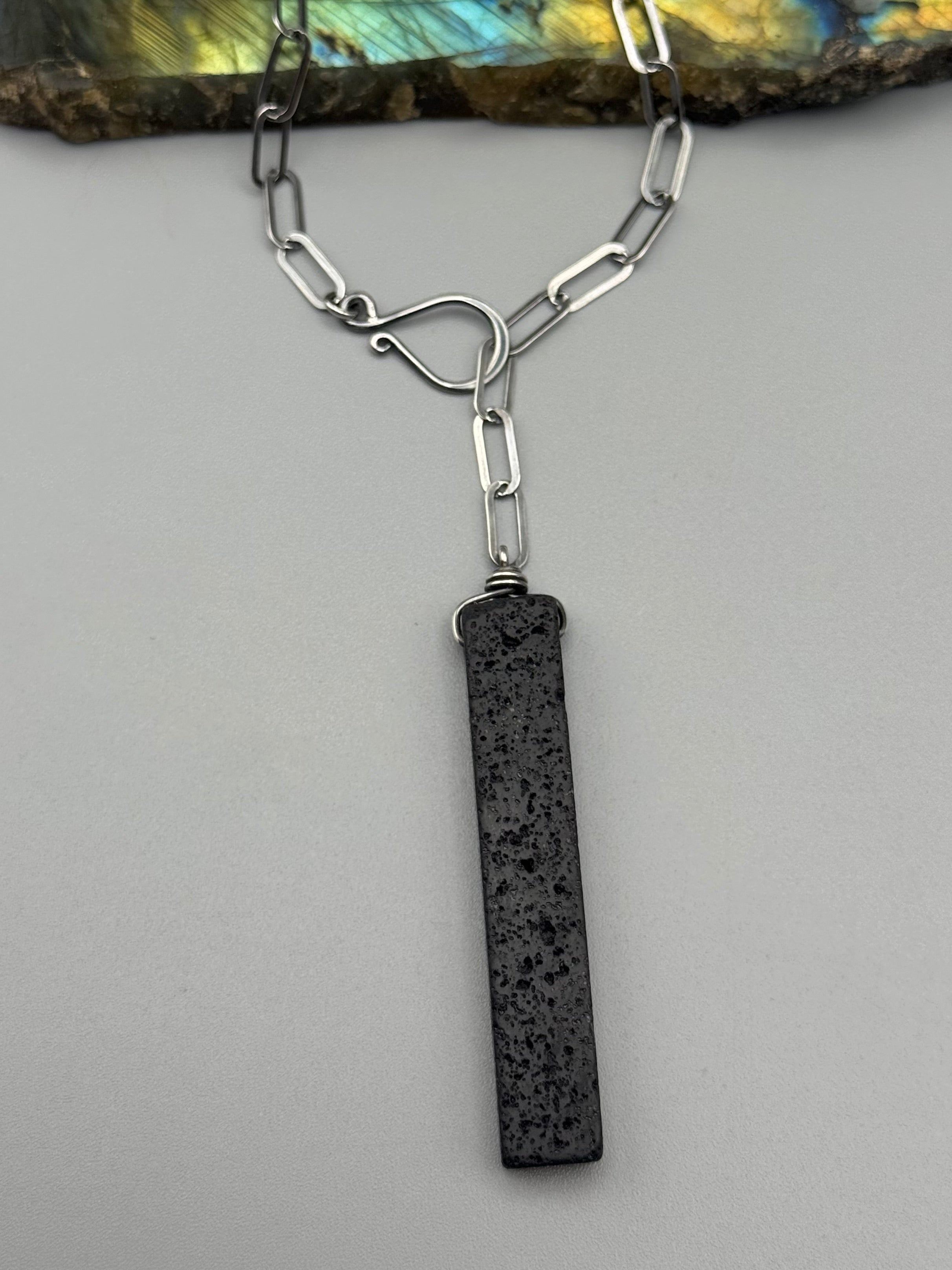 •LINKED• black lava + silver necklace (ADJ to 19")
