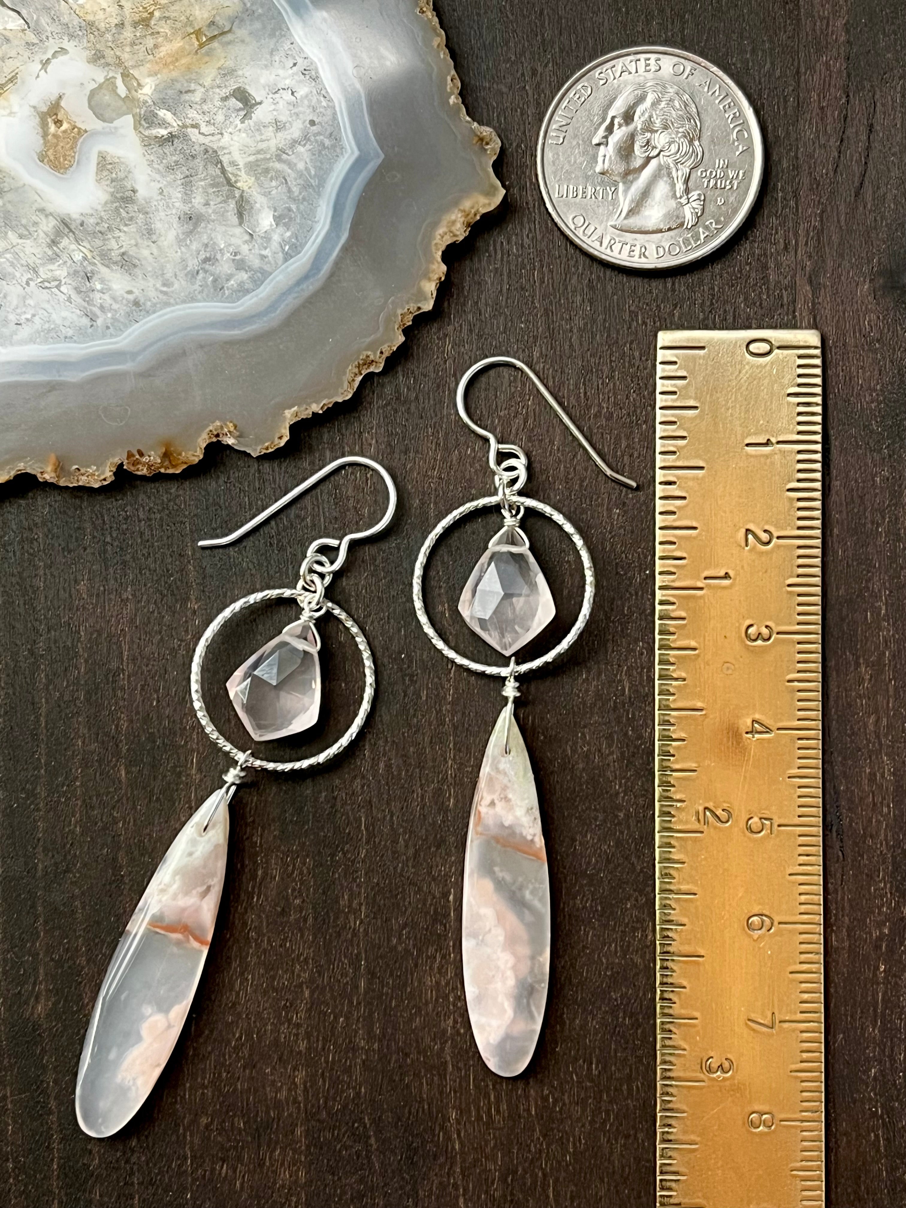 •LUNA• cherry blossom agate + rose quartz silver dangle earrings