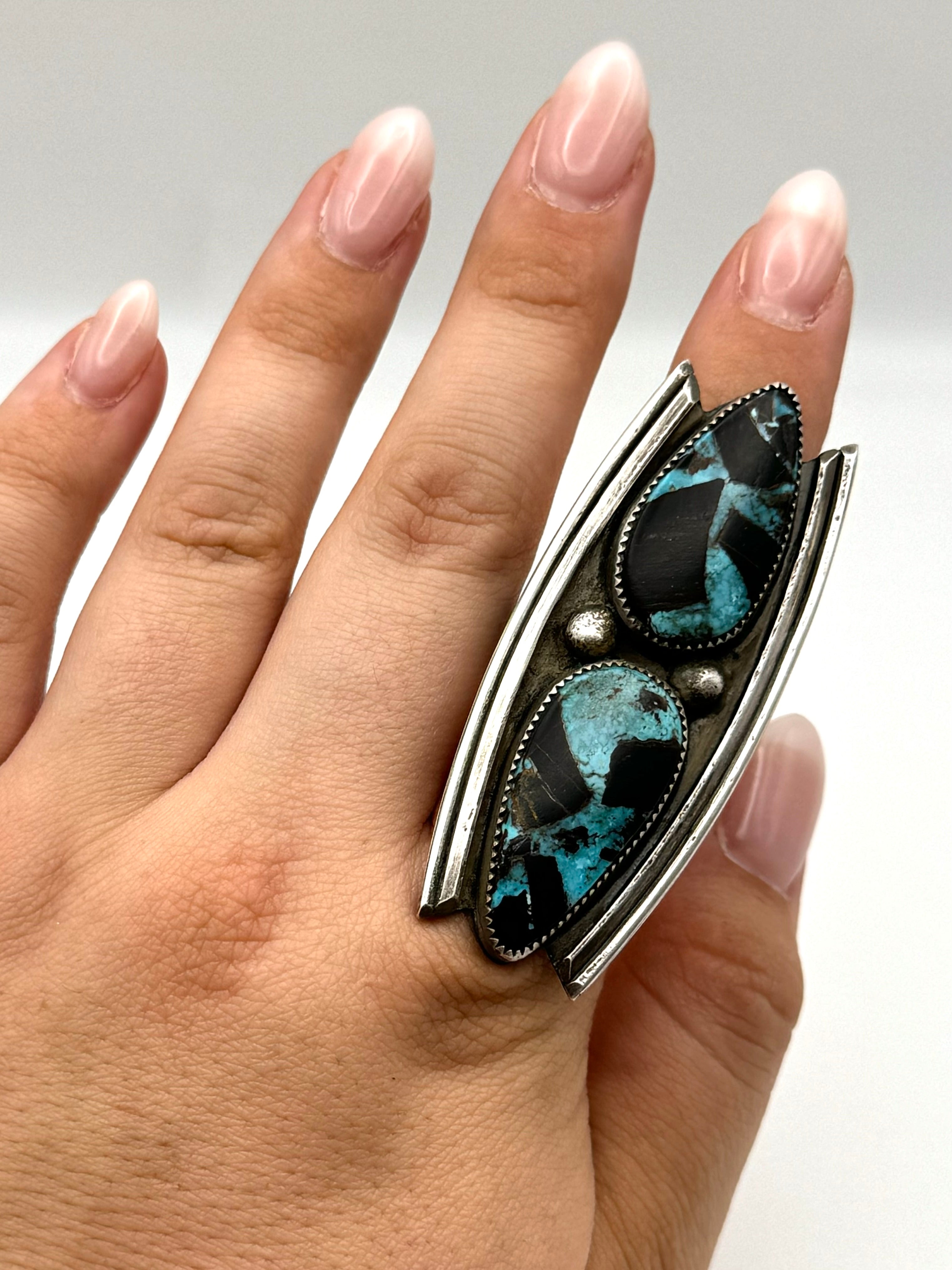 •DOUBLE TROUBLE• hubei turquoise + silver ring (size 8)