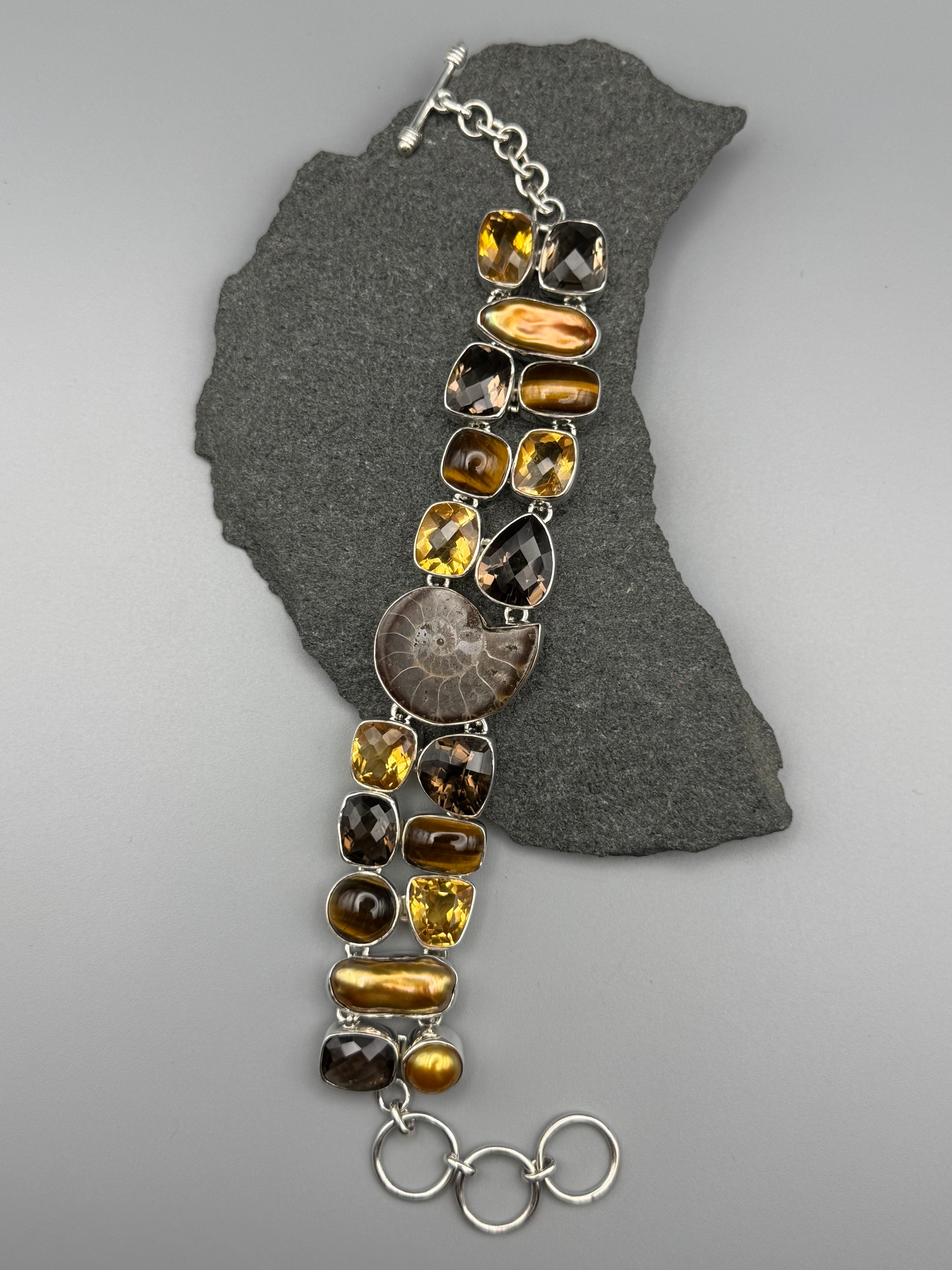 •AMMONITE - MULTI-STONE• linked silver bracelet (7.25" - 8.5")