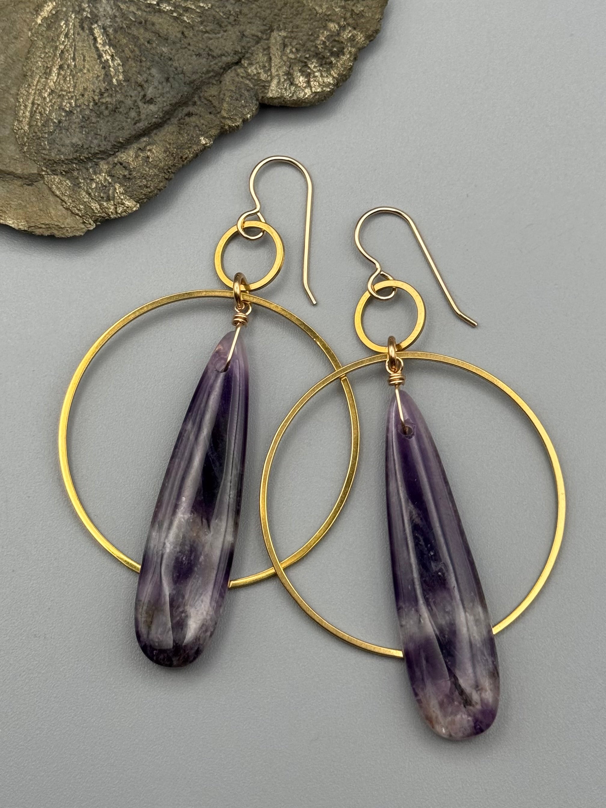 •EQUA-ORBIT• chevron amethyst tear + gold earrings