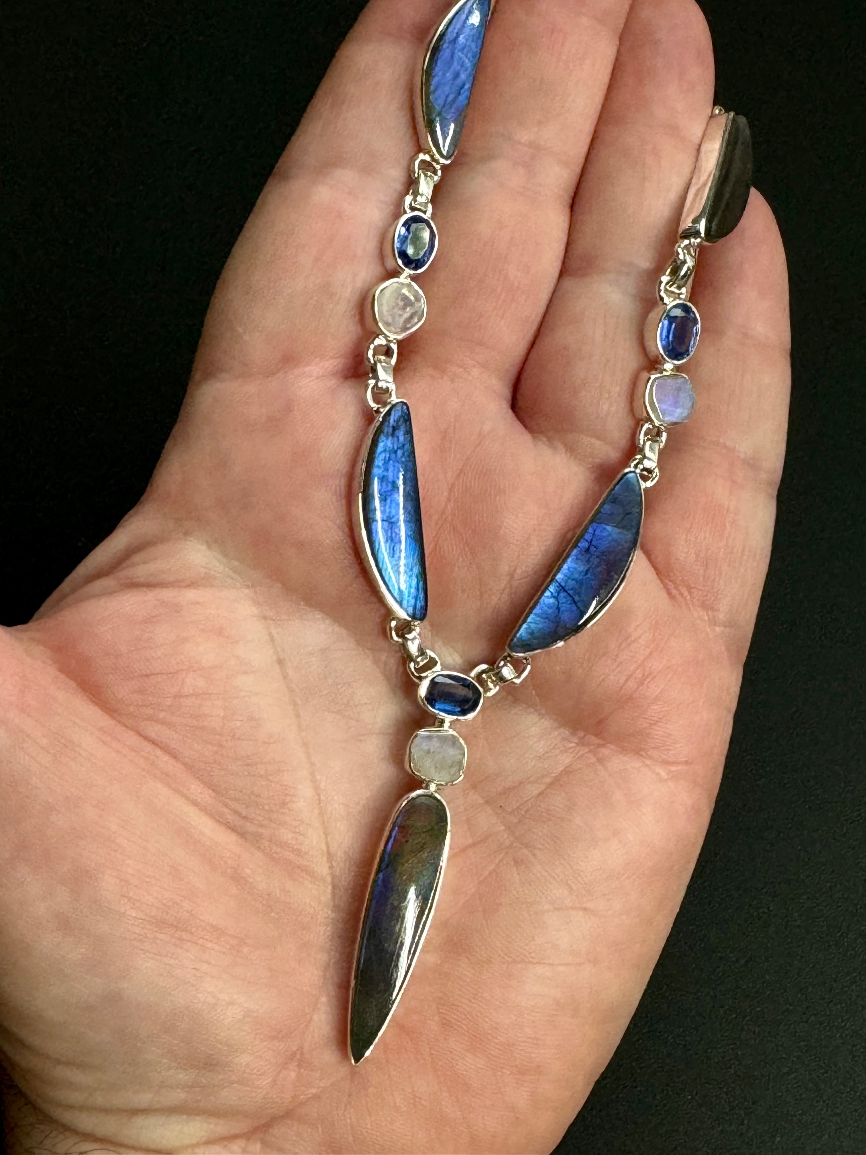 •LABRADORITE + KYANITE + RAINBOW MOONSTONE• multi-stone + silver necklace (ADJ to 18")