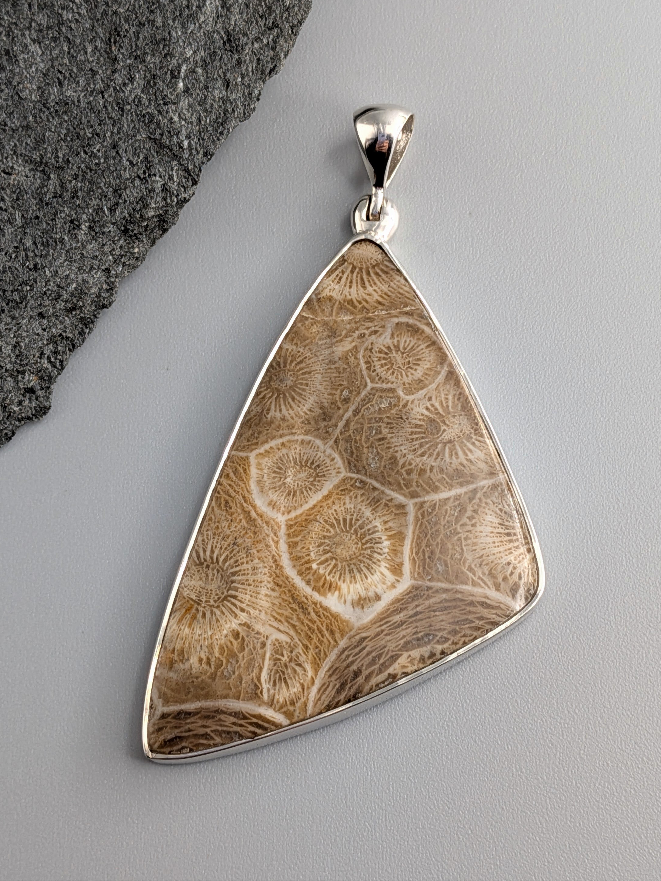 •FOSSILIZED CORAL - SOFT TRIANGLE• sterling silver pendant