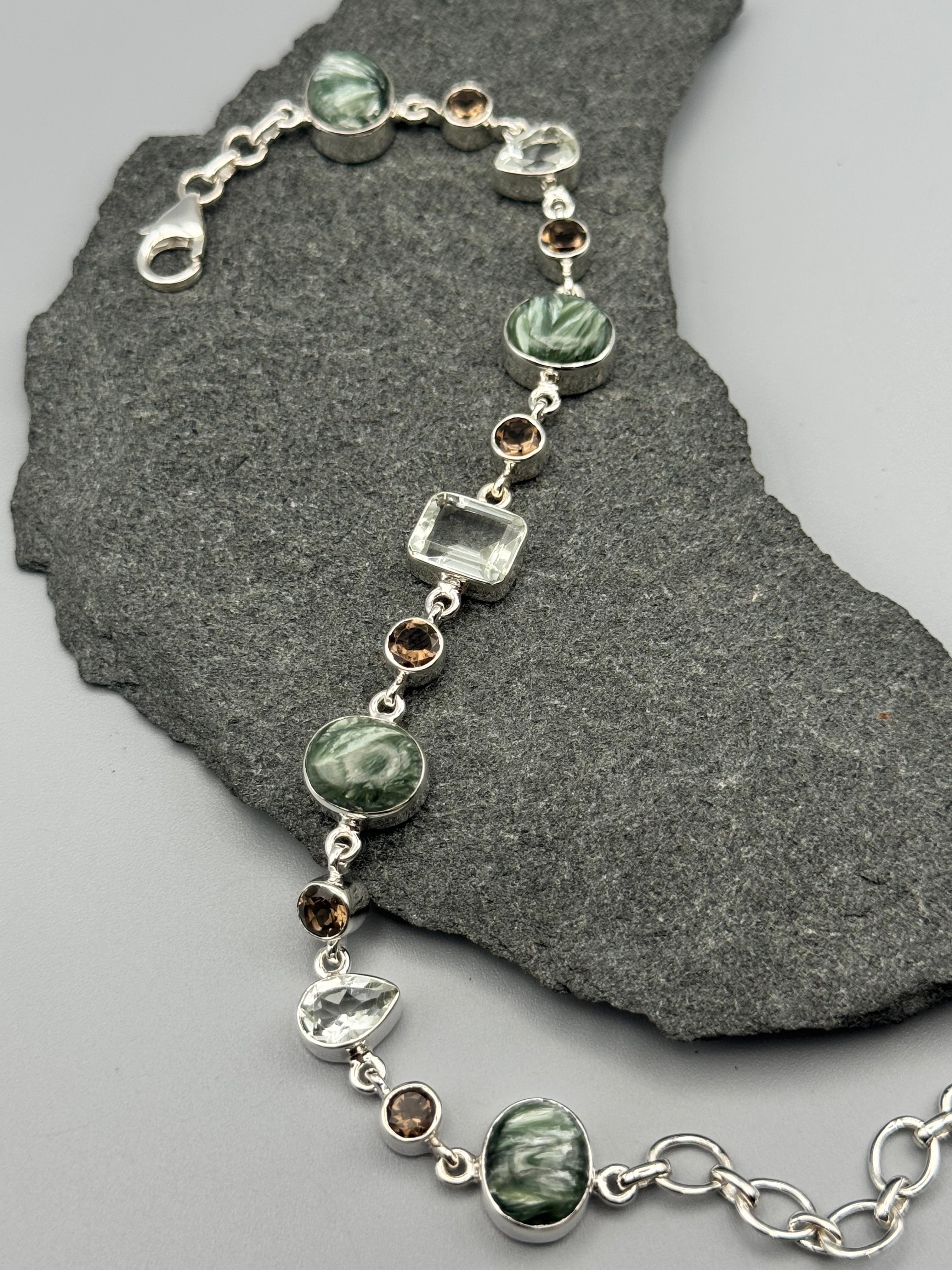 •SERAPHINITE - MULTI-STONE• linked silver bracelet (7.5" - 9")