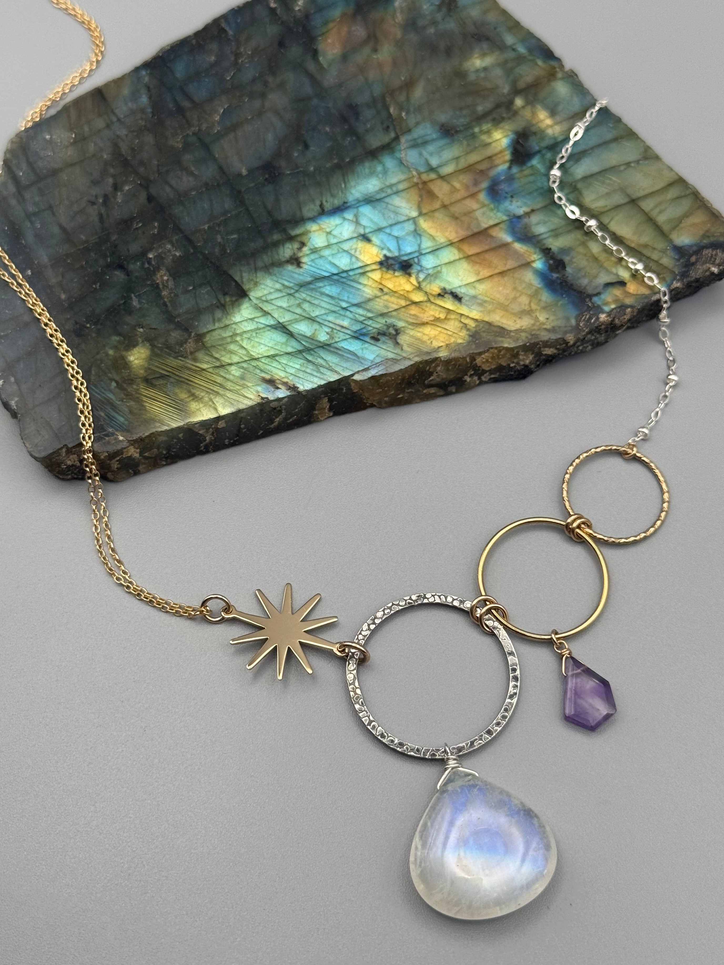 •UNION• rainbow moonstone + amethyst mixed metal necklace (18"-20" long)