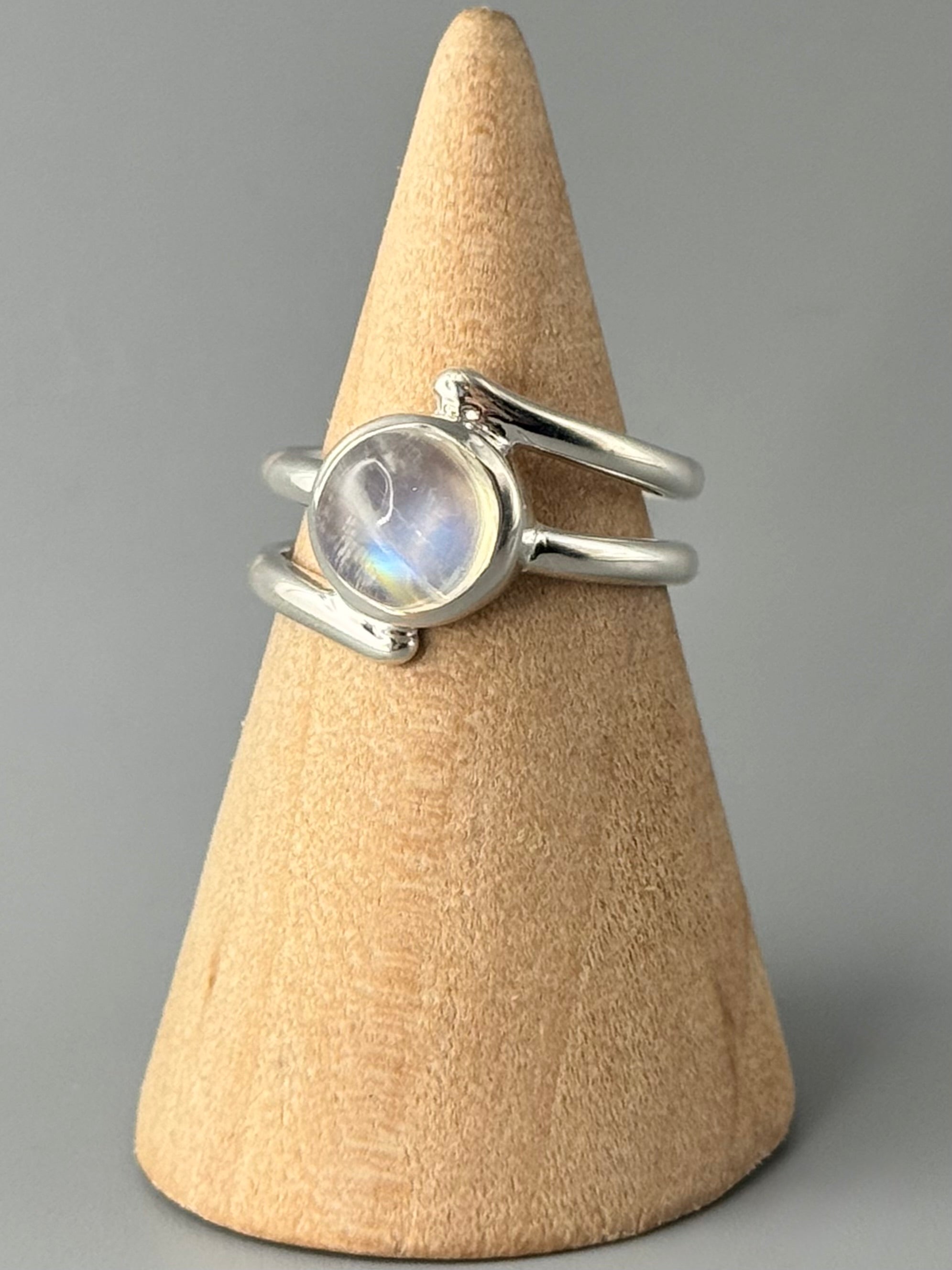•RAINBOW MOONSTONE - ORBIT• wrapped double band silver ring (various sizes)