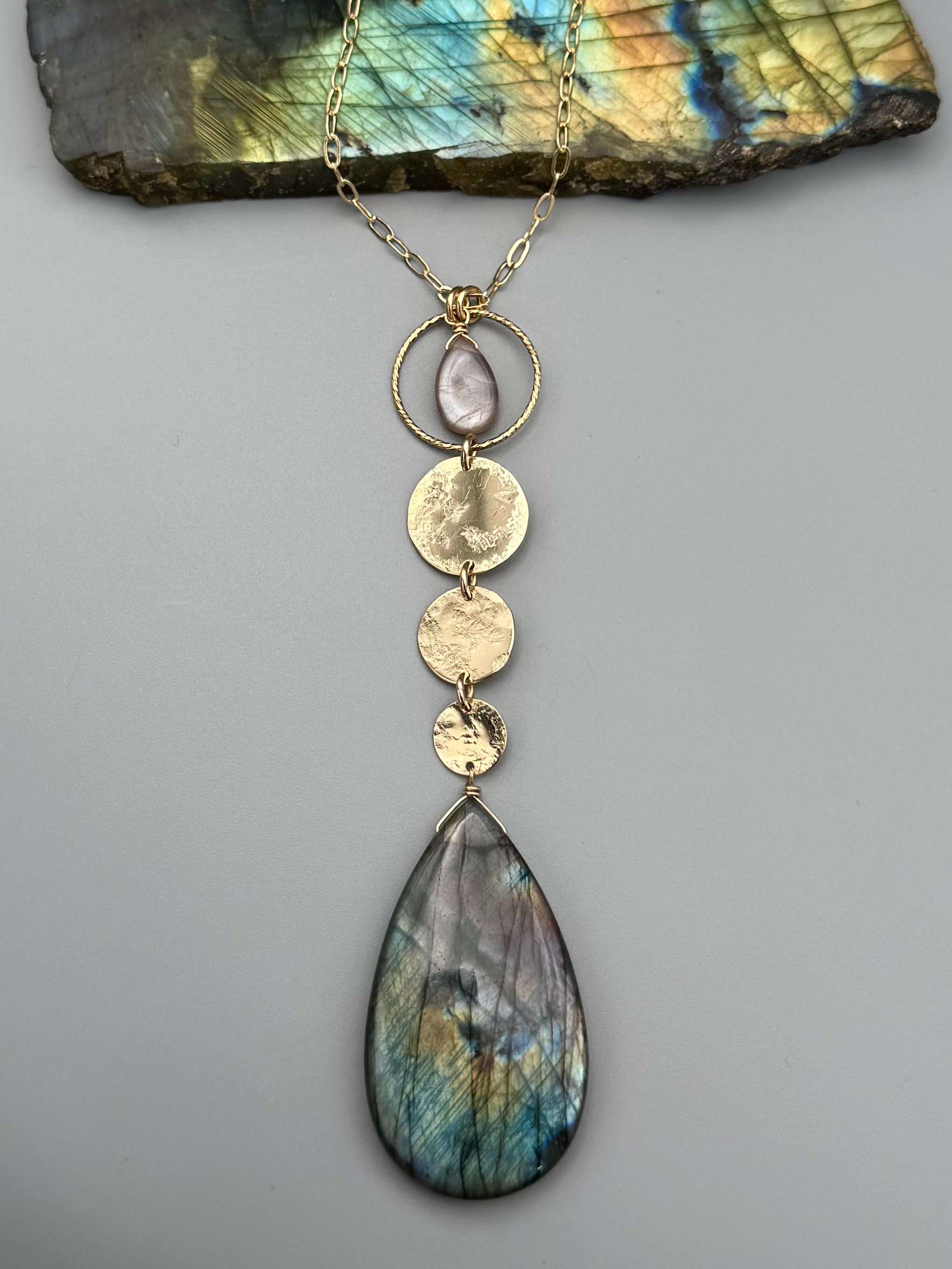 •NYX• mauve moonstone + labradorite gold necklace (26"-28" long)
