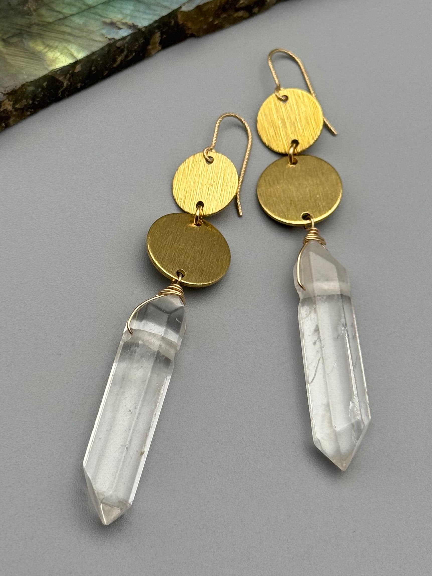 •MOON STACK• double terminated quartz + gold earrings