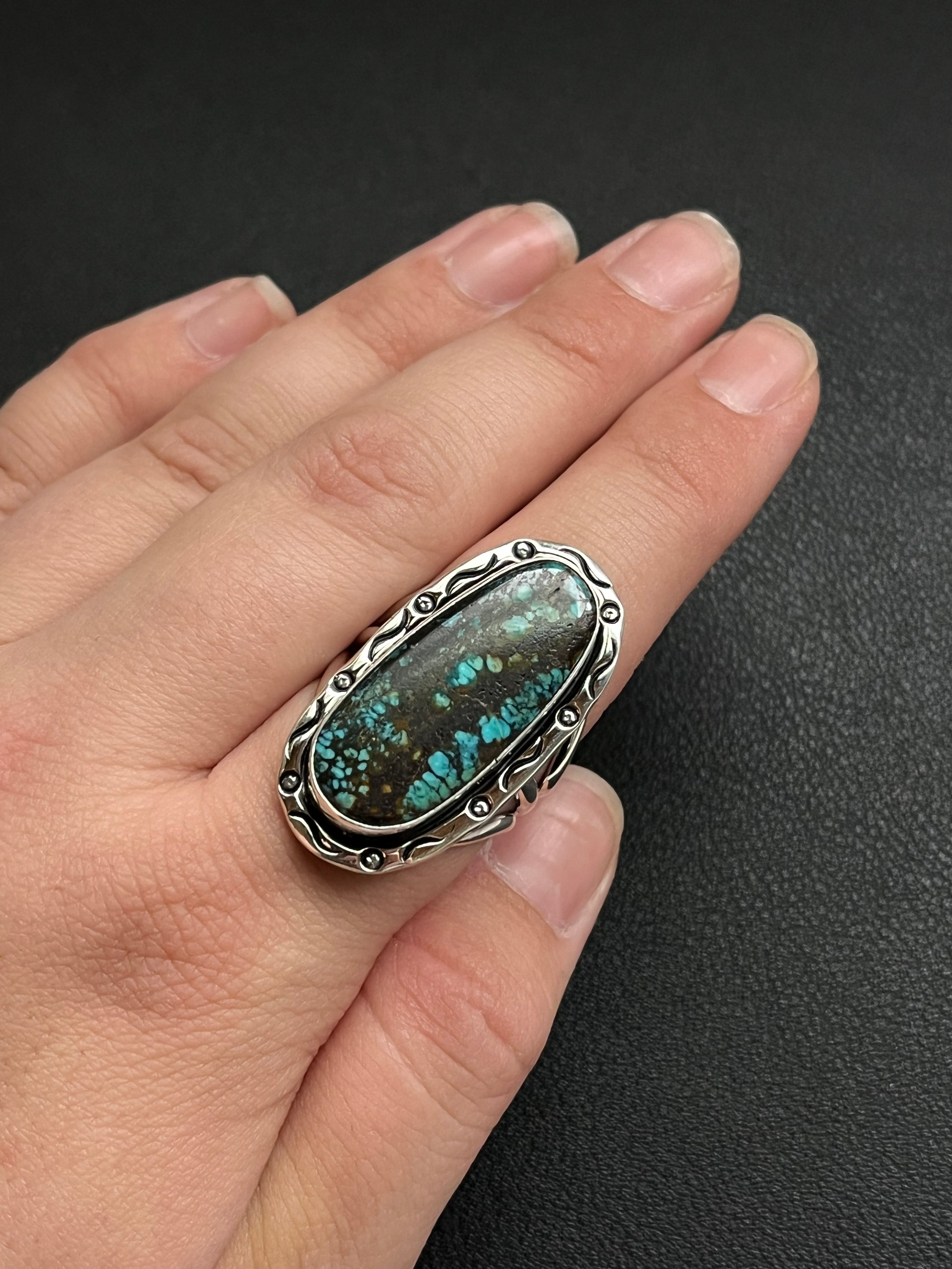 •CHINESE TURQUOISE• Navajo silver ring (size 10.5)