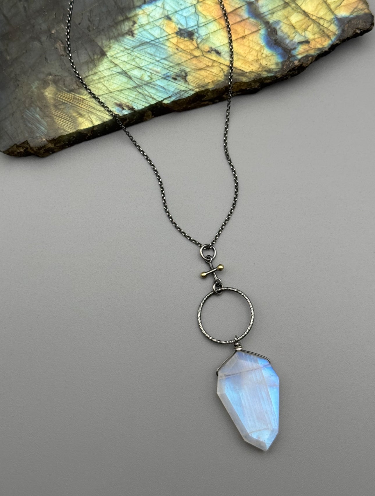 •INVOKE• rainbow moonstone + mixed metal necklace (16"-18" long)