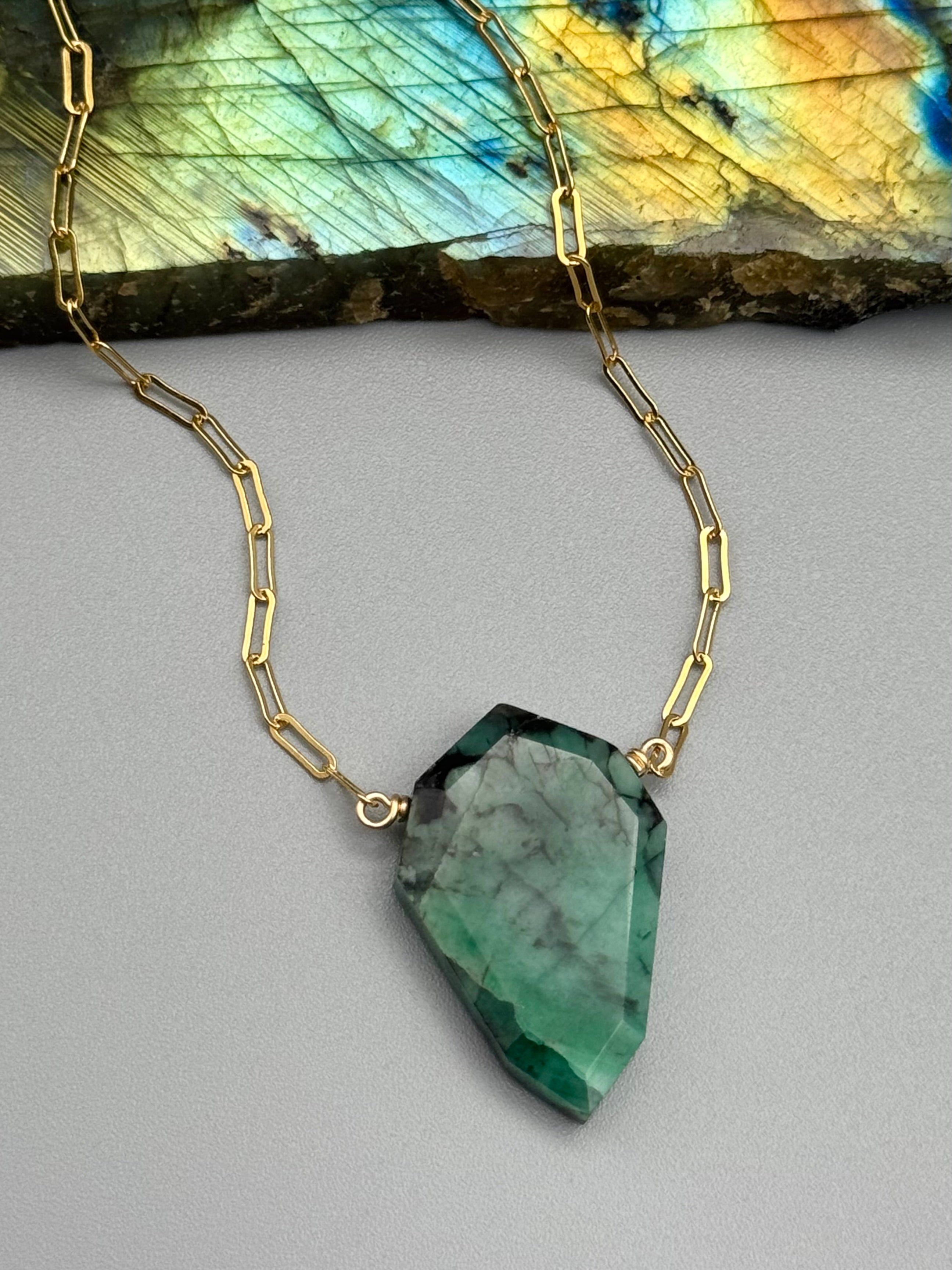 •AEON• emerald petal + gold necklace (18"-20" long)